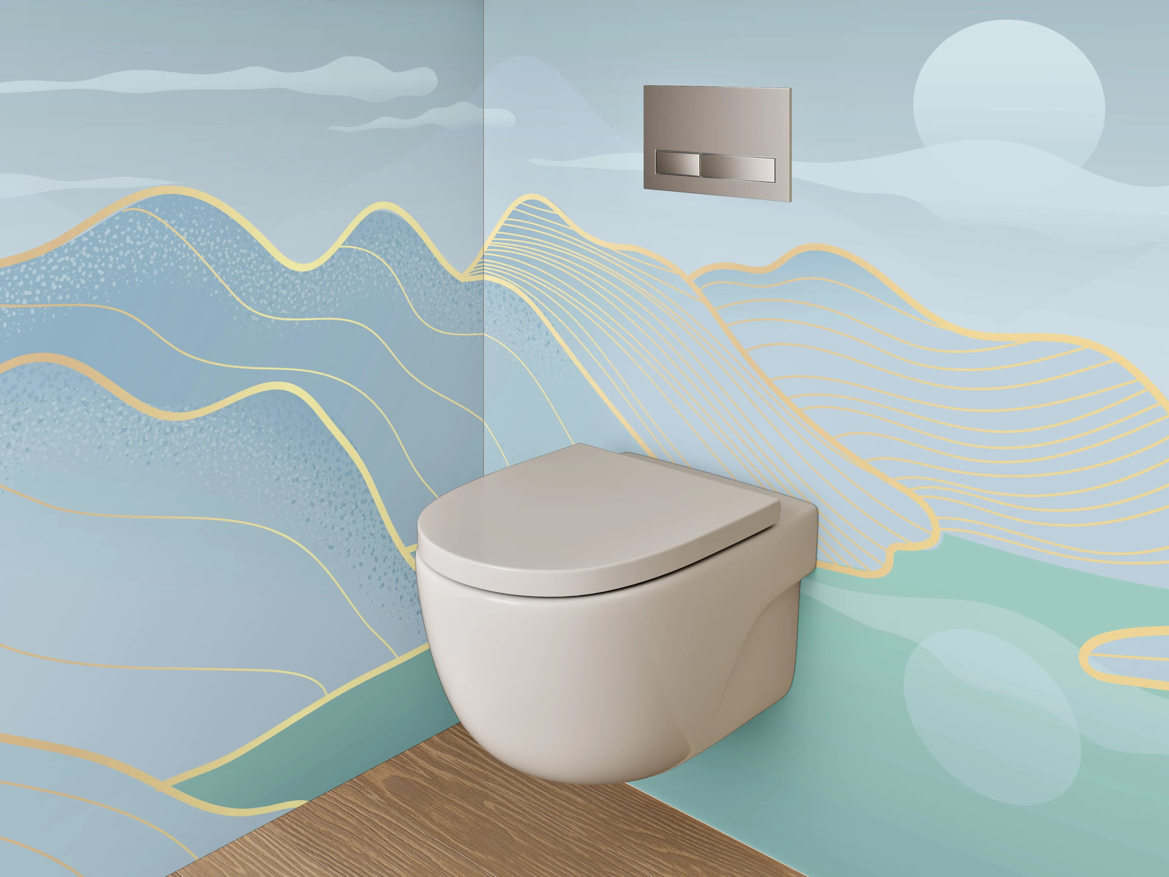 WC-Rückwand - Abstrakte Landschaft in zarten Blautönen