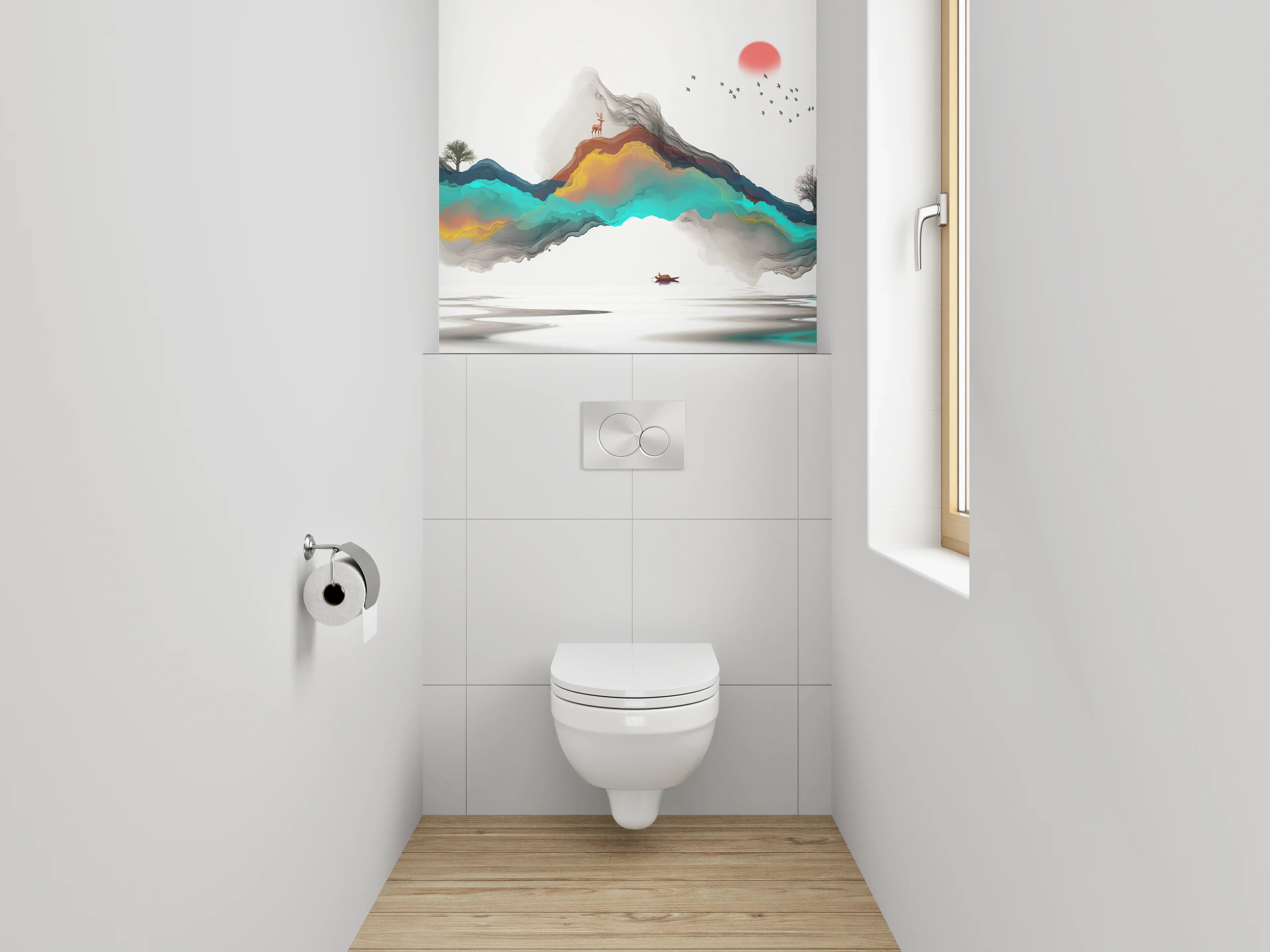 WC-Rückwand - Abstrakte Landschaft mit Bergen und Sonne