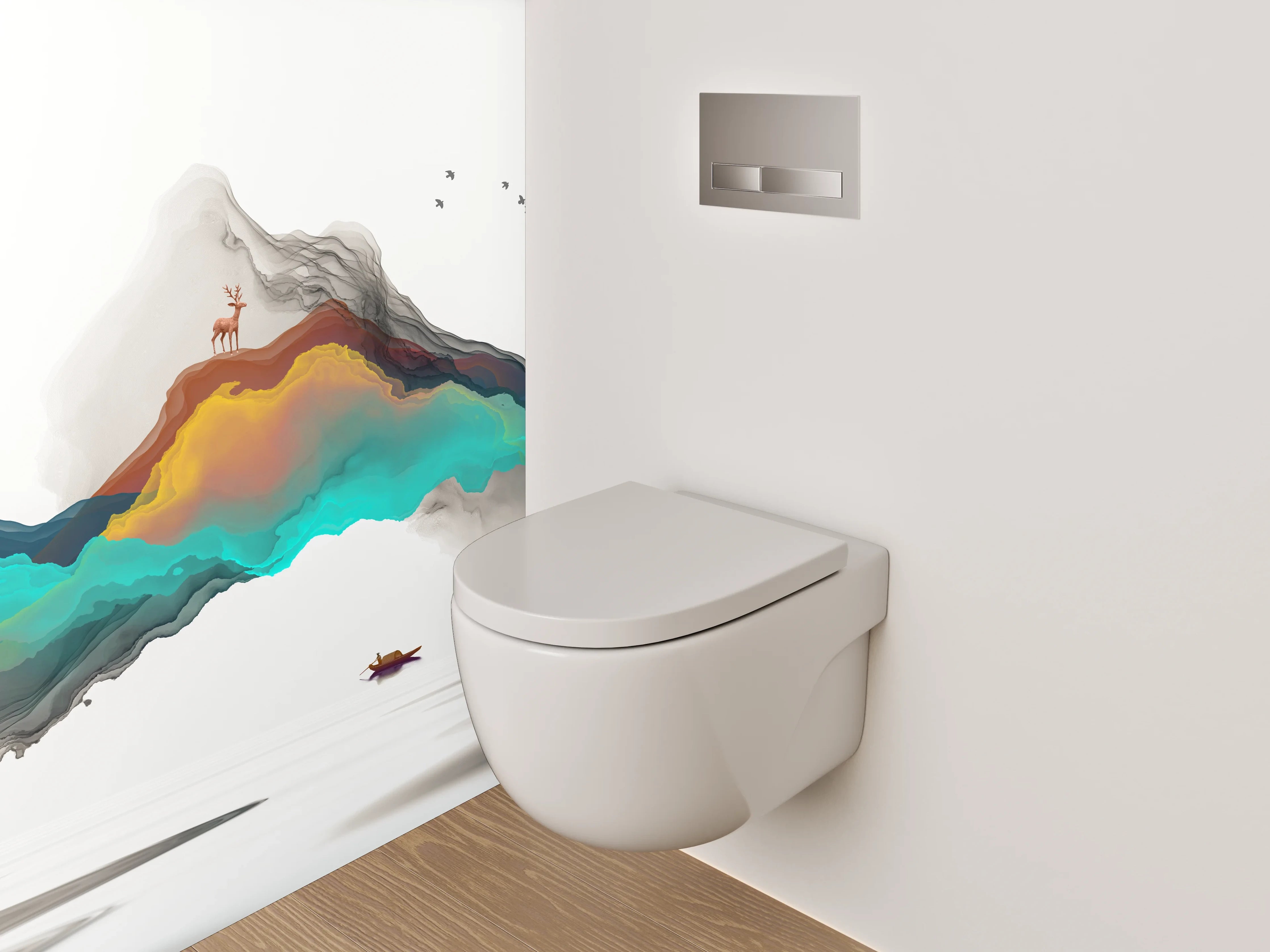 WC-Rückwand - Abstrakte Landschaft mit Bergen und Sonne
