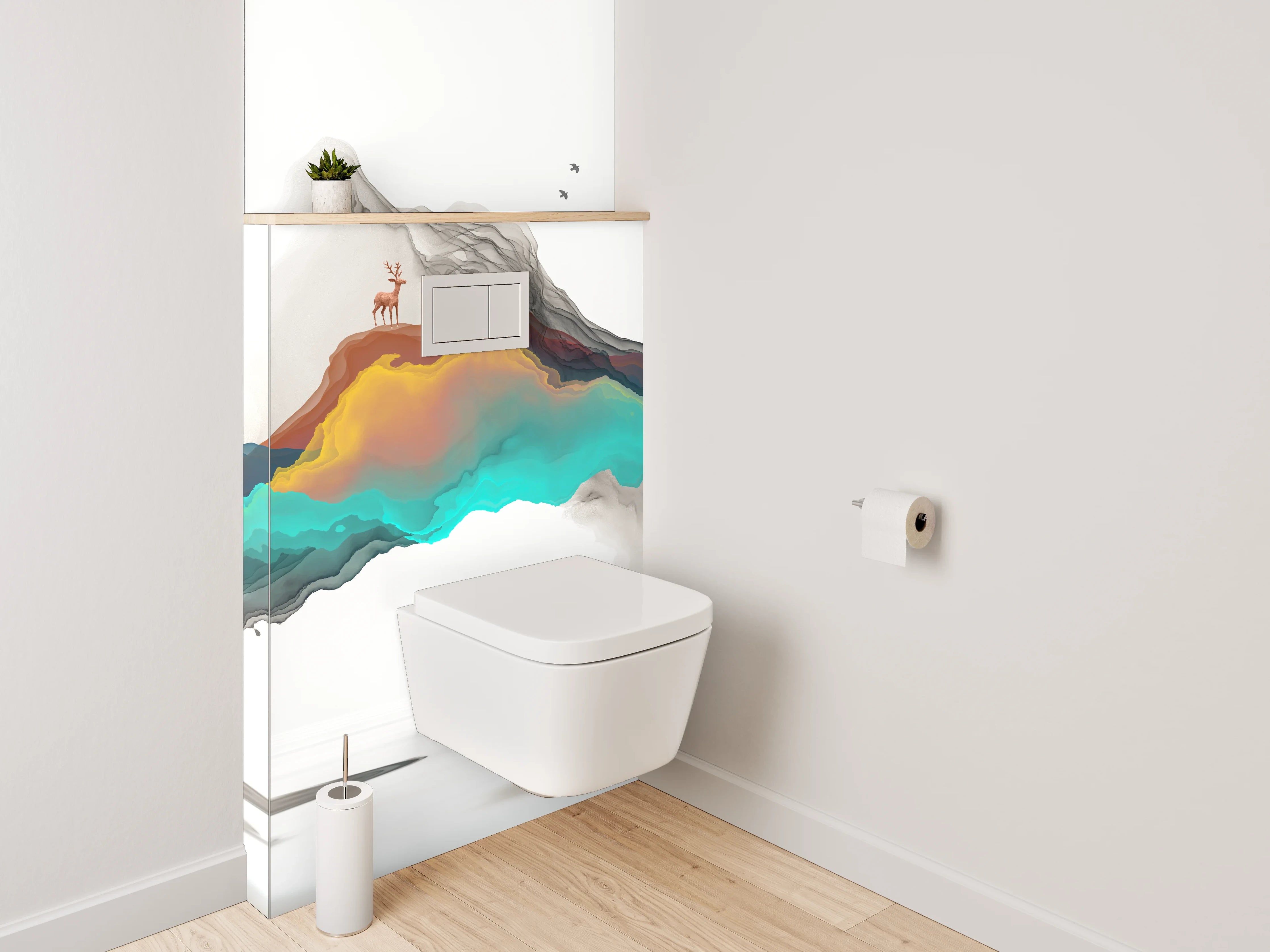 WC-Rückwand - Abstrakte Landschaft mit Bergen und Sonne