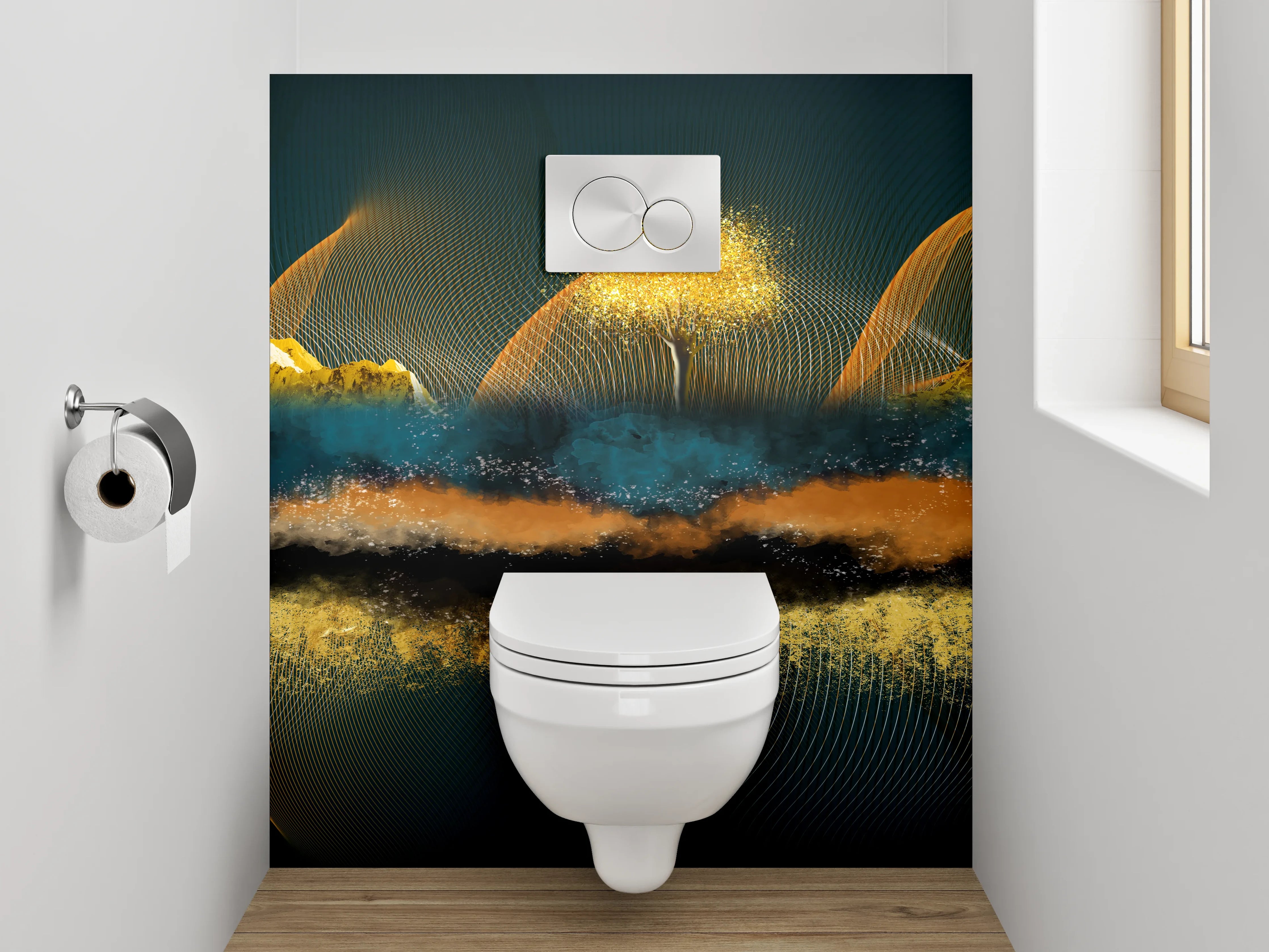 WC-Rückwand - Abstrakte Landschaft mit goldenen Bergen