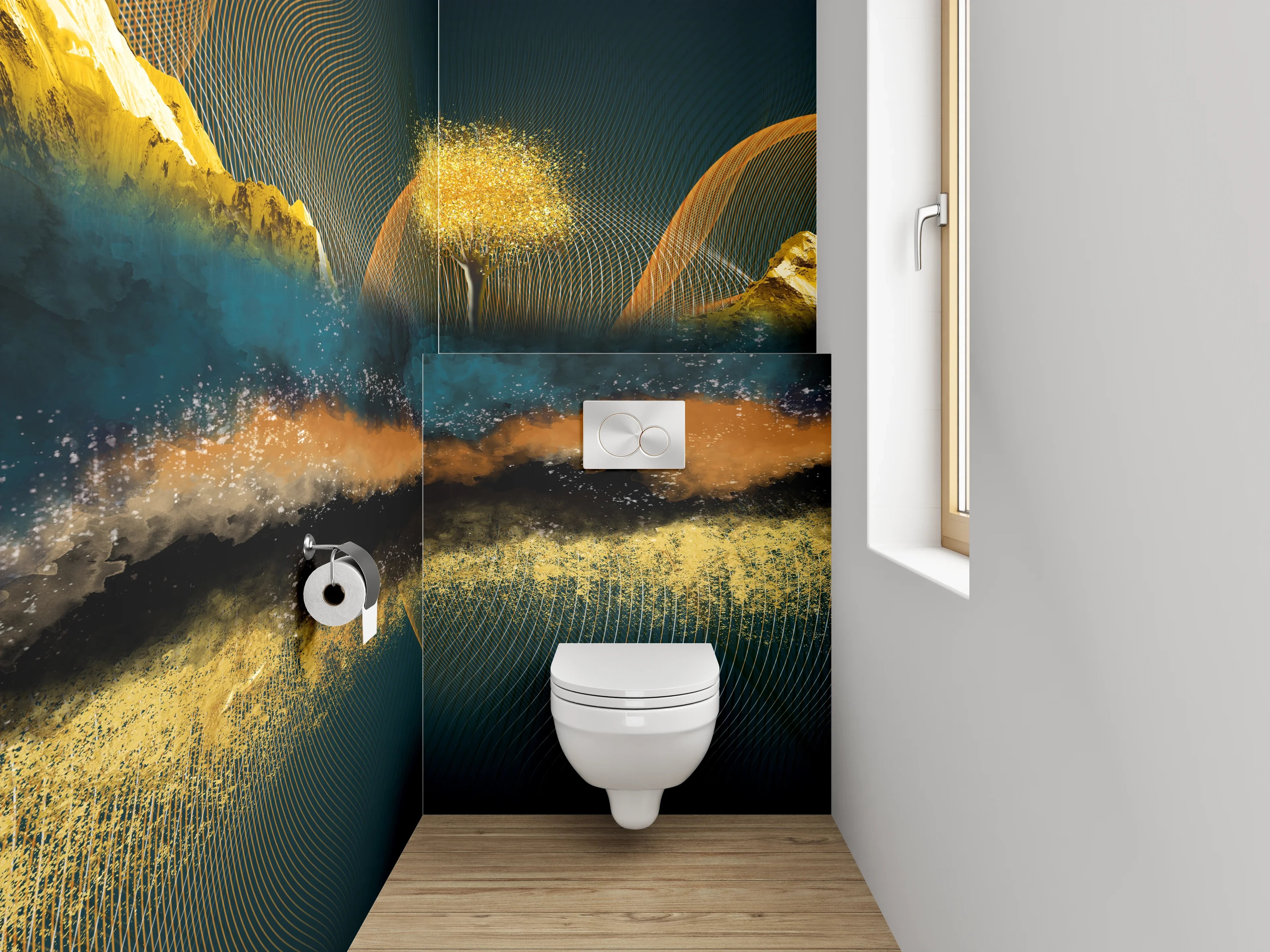 WC-Rückwand - Abstrakte Landschaft mit goldenen Bergen