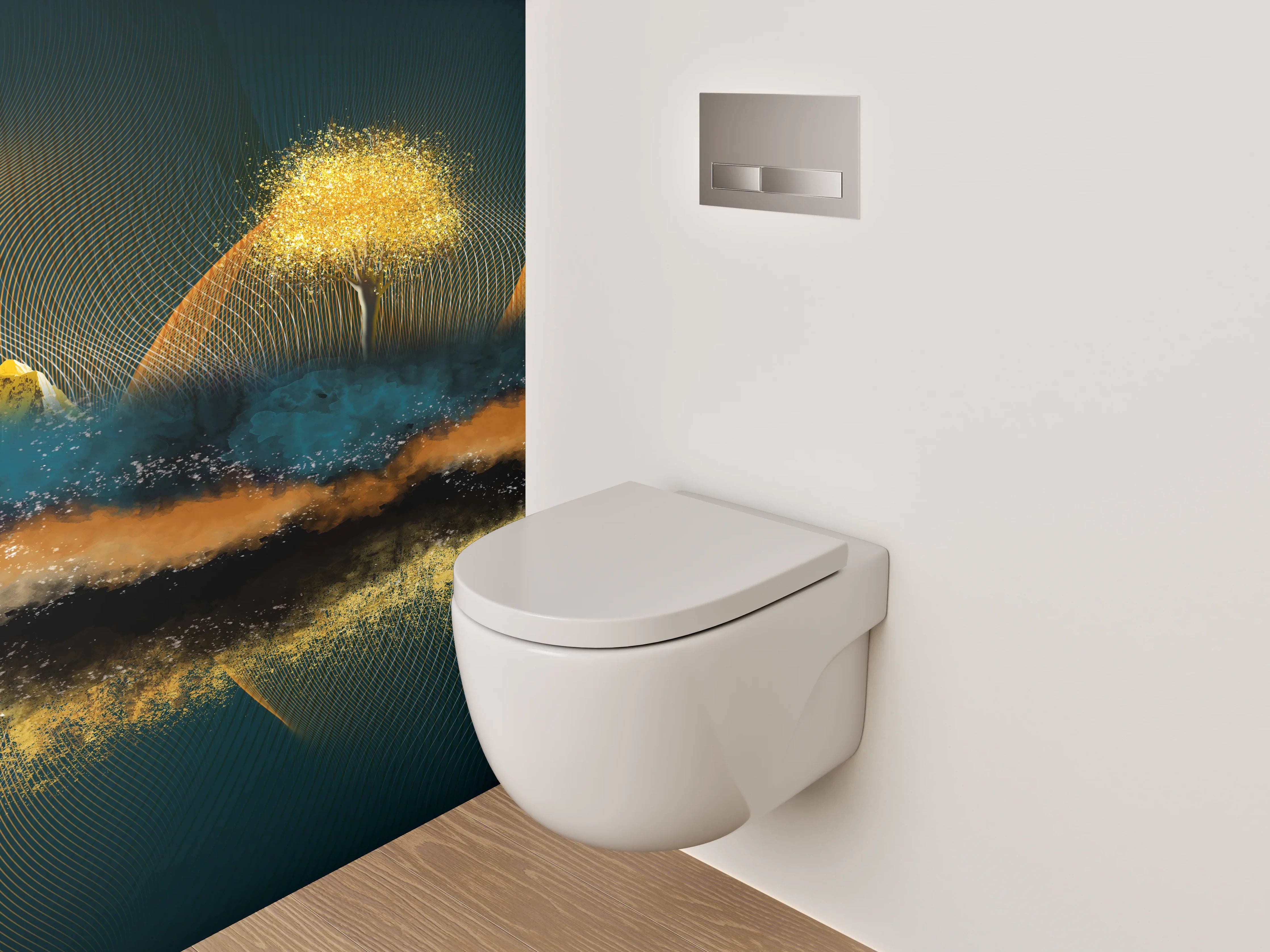 WC-Rückwand - Abstrakte Landschaft mit goldenen Bergen