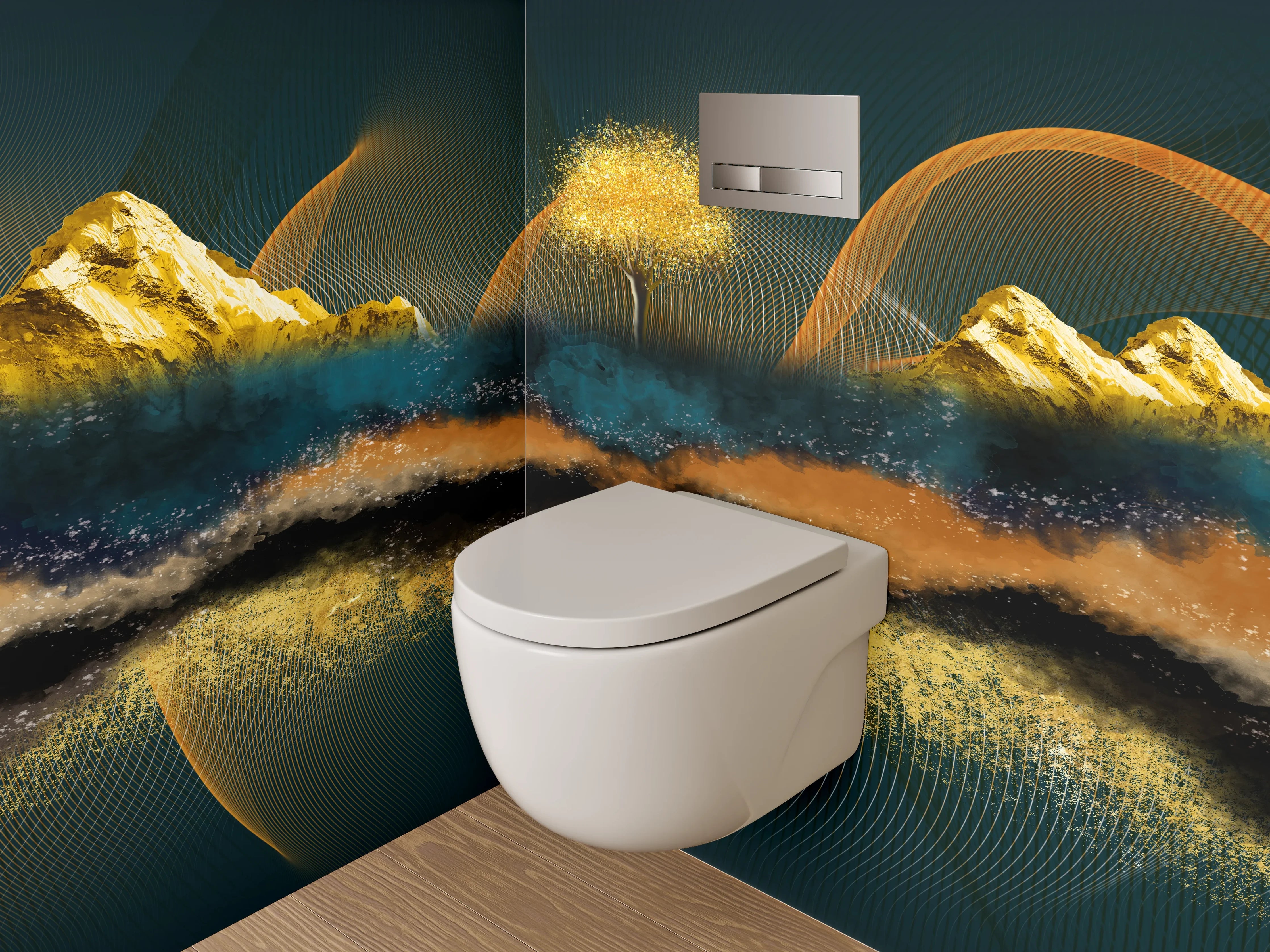 WC-Rückwand - Abstrakte Landschaft mit goldenen Bergen