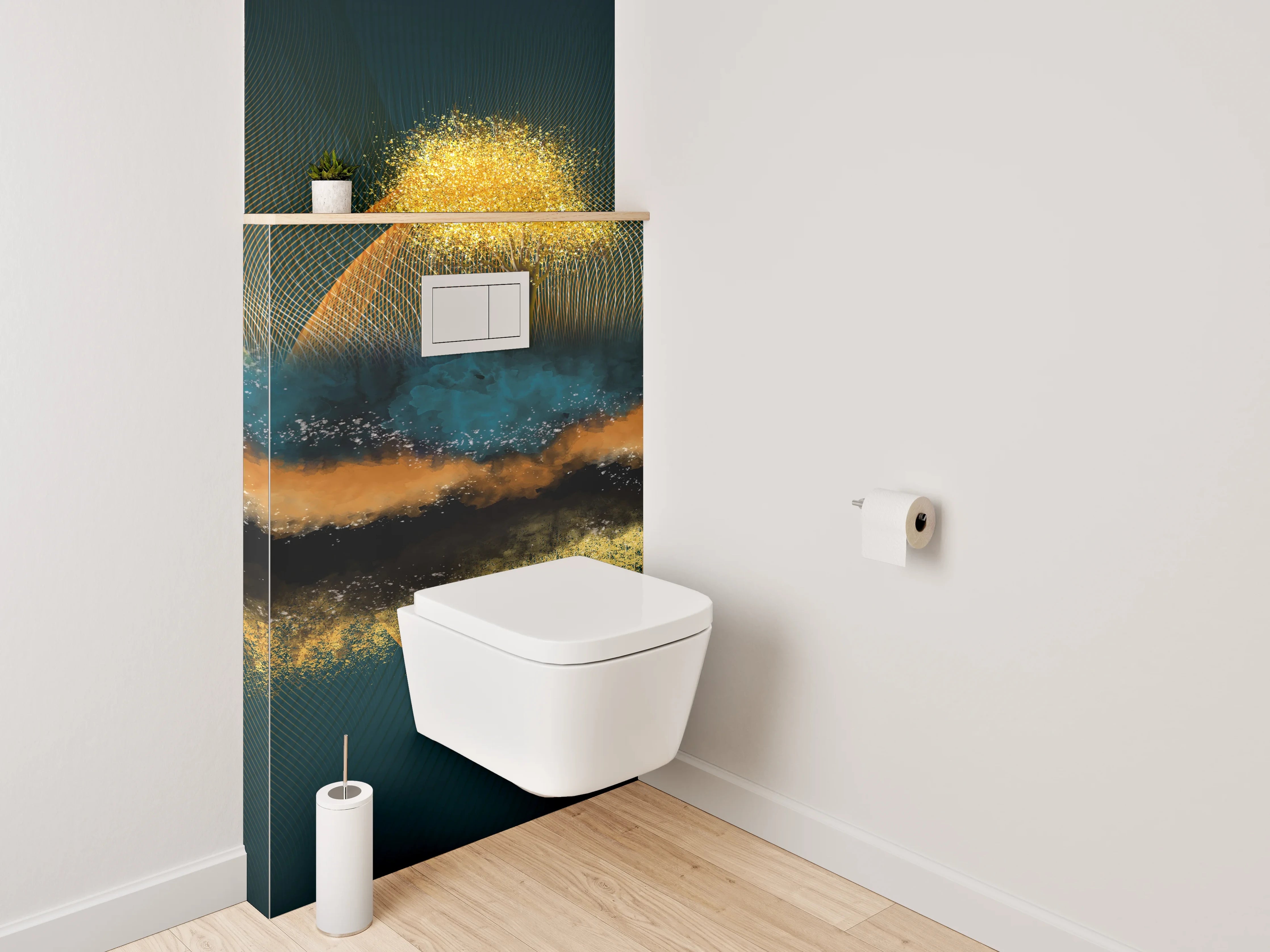 WC-Rückwand - Abstrakte Landschaft mit goldenen Bergen