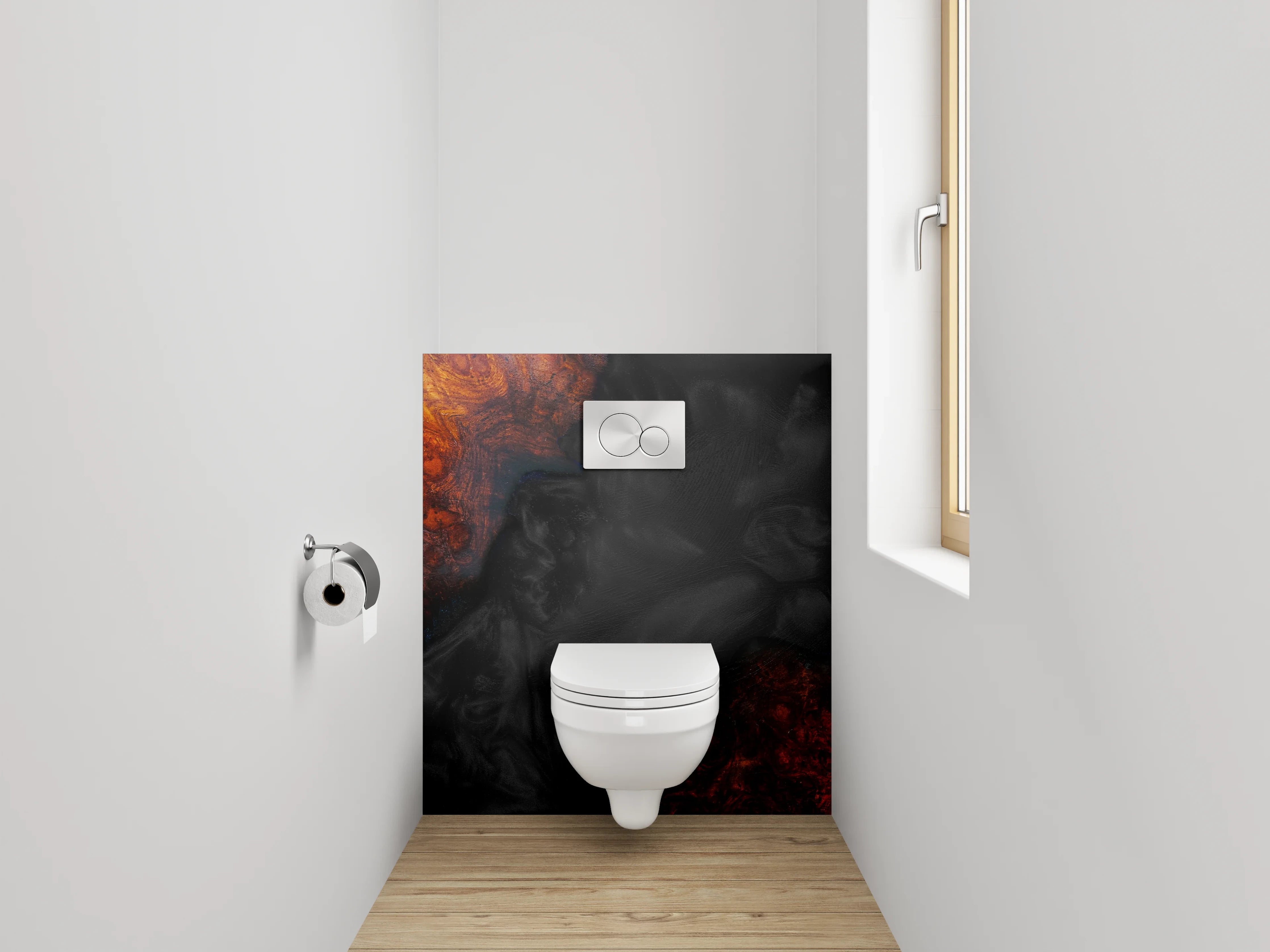 WC-Rückwand - Abstrakte Lava-Textur in Schwarz und Orange