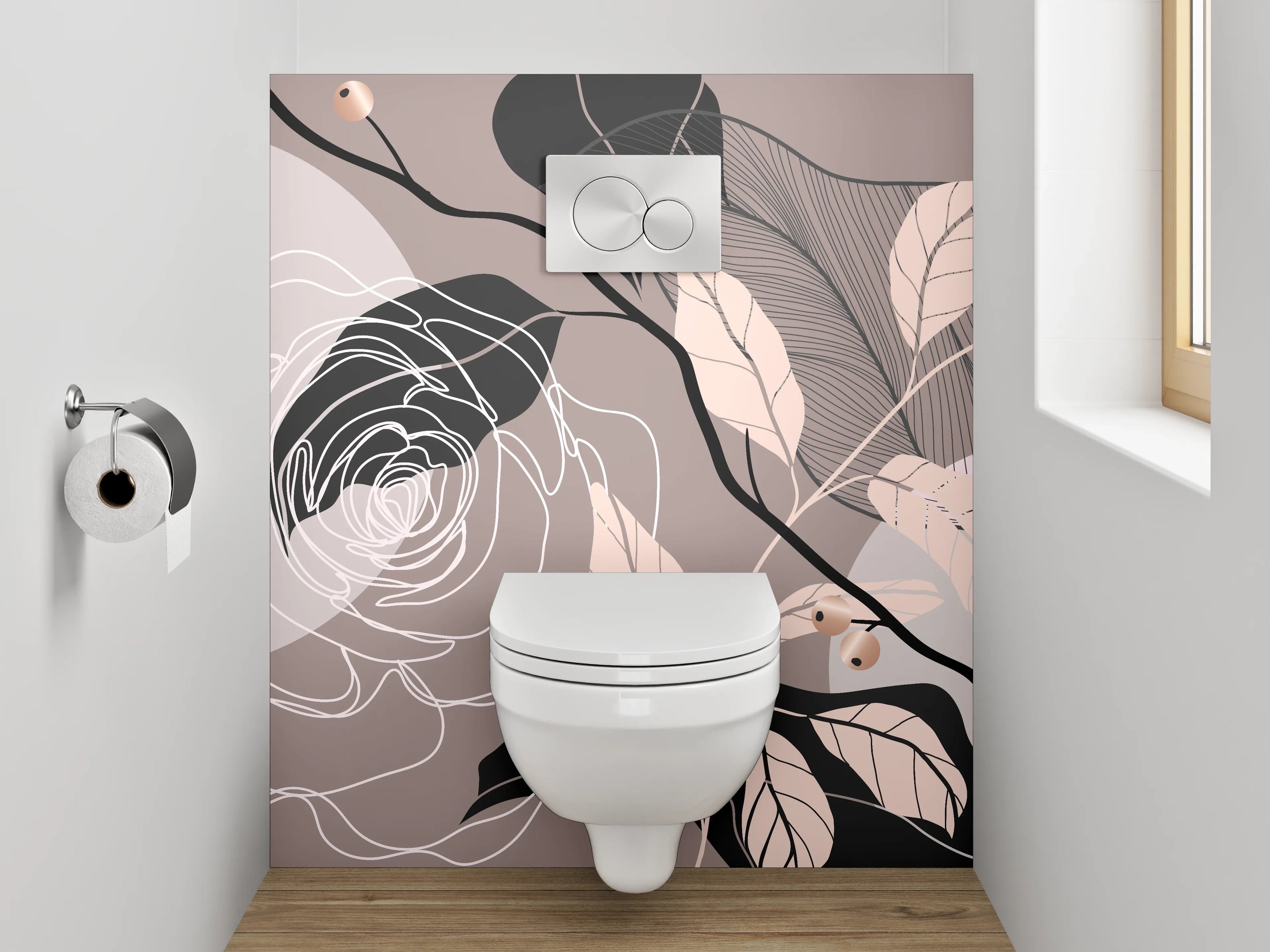 WC-Rückwand - Abstrakte Lineart Blumen auf Beige