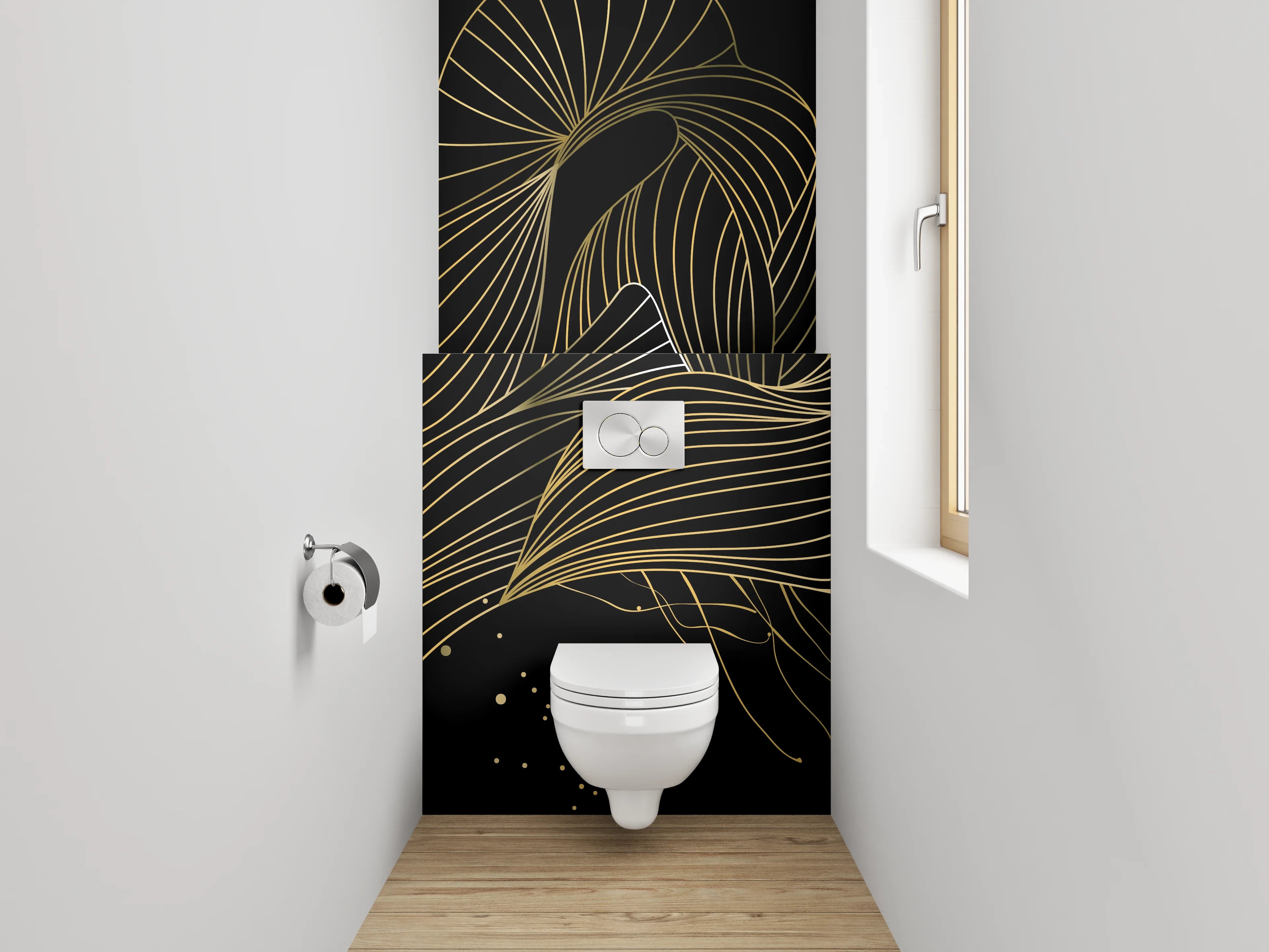 WC-Rückwand - Abstrakte Lineart in Gold und Schwarz