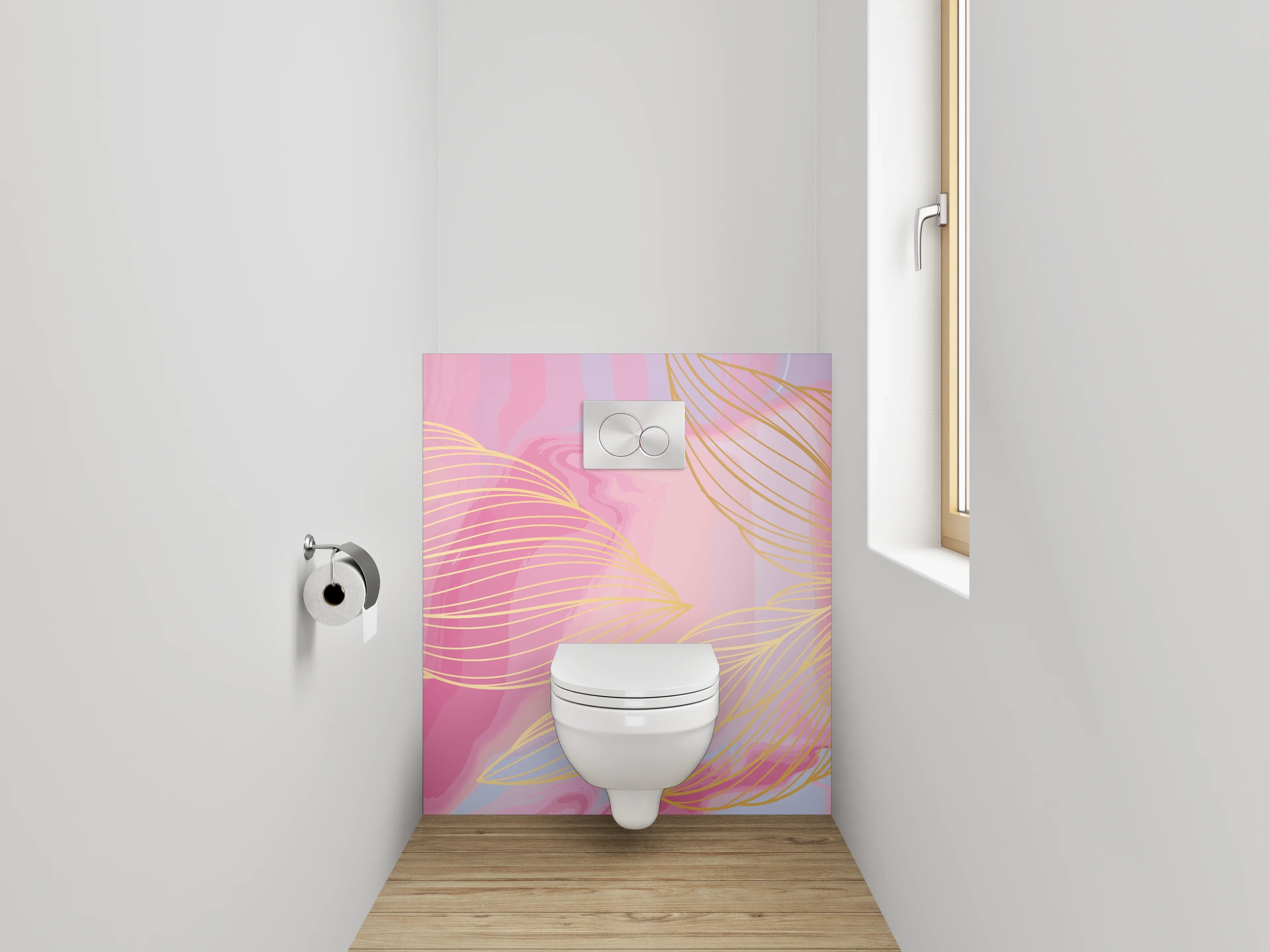 WC-Rückwand - Abstrakte Lineart mit Gold in Rosa
