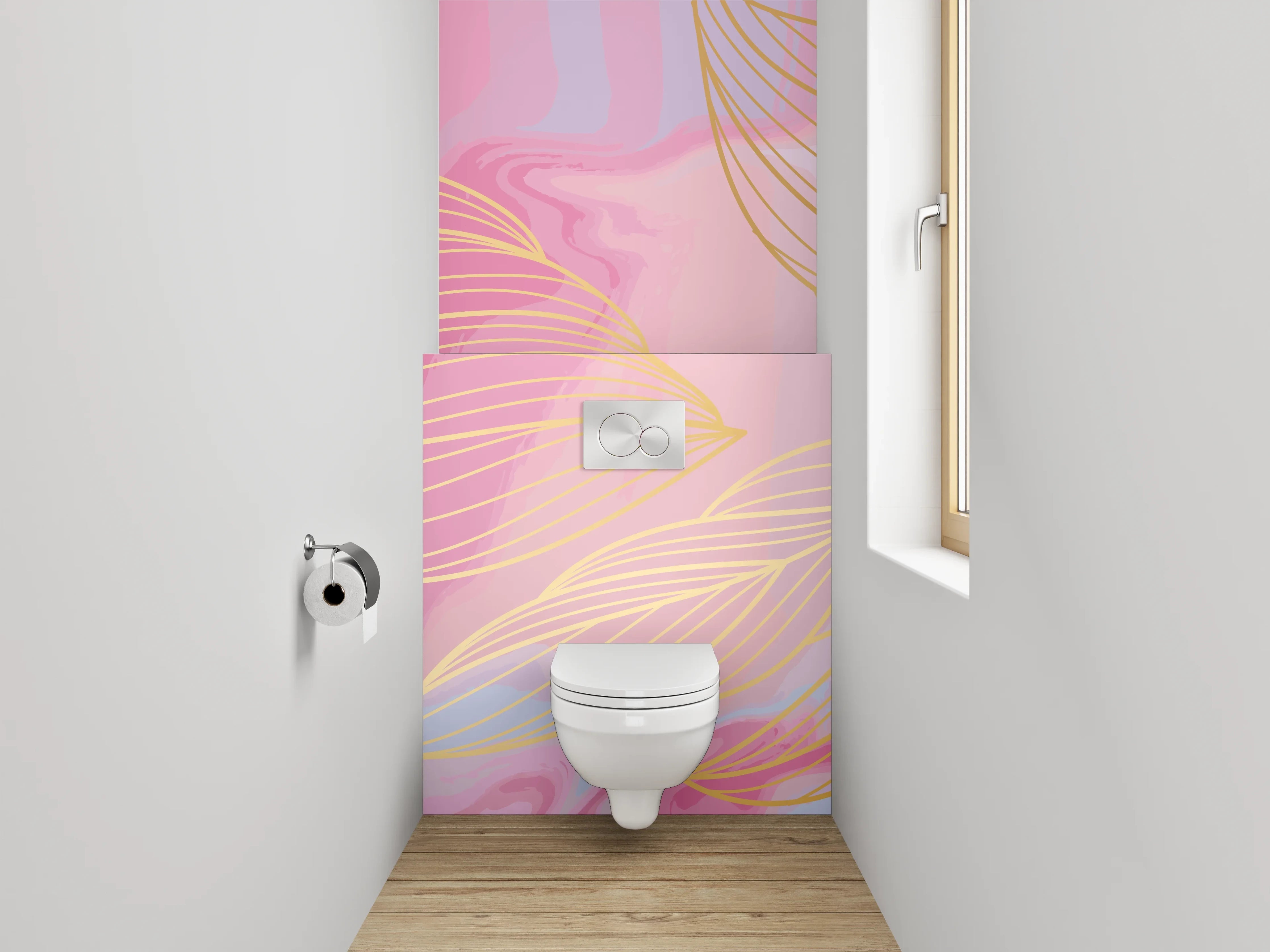 WC-Rückwand - Abstrakte Lineart mit Gold in Rosa