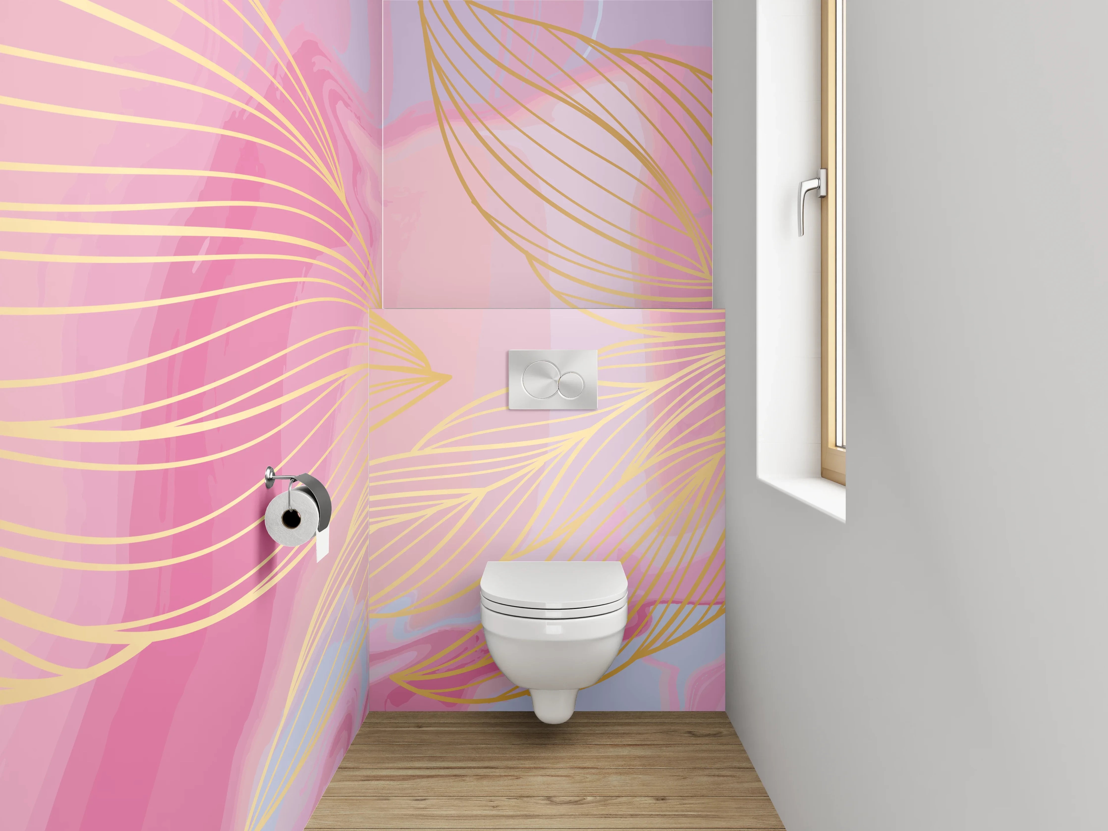 WC-Rückwand - Abstrakte Lineart mit Gold in Rosa