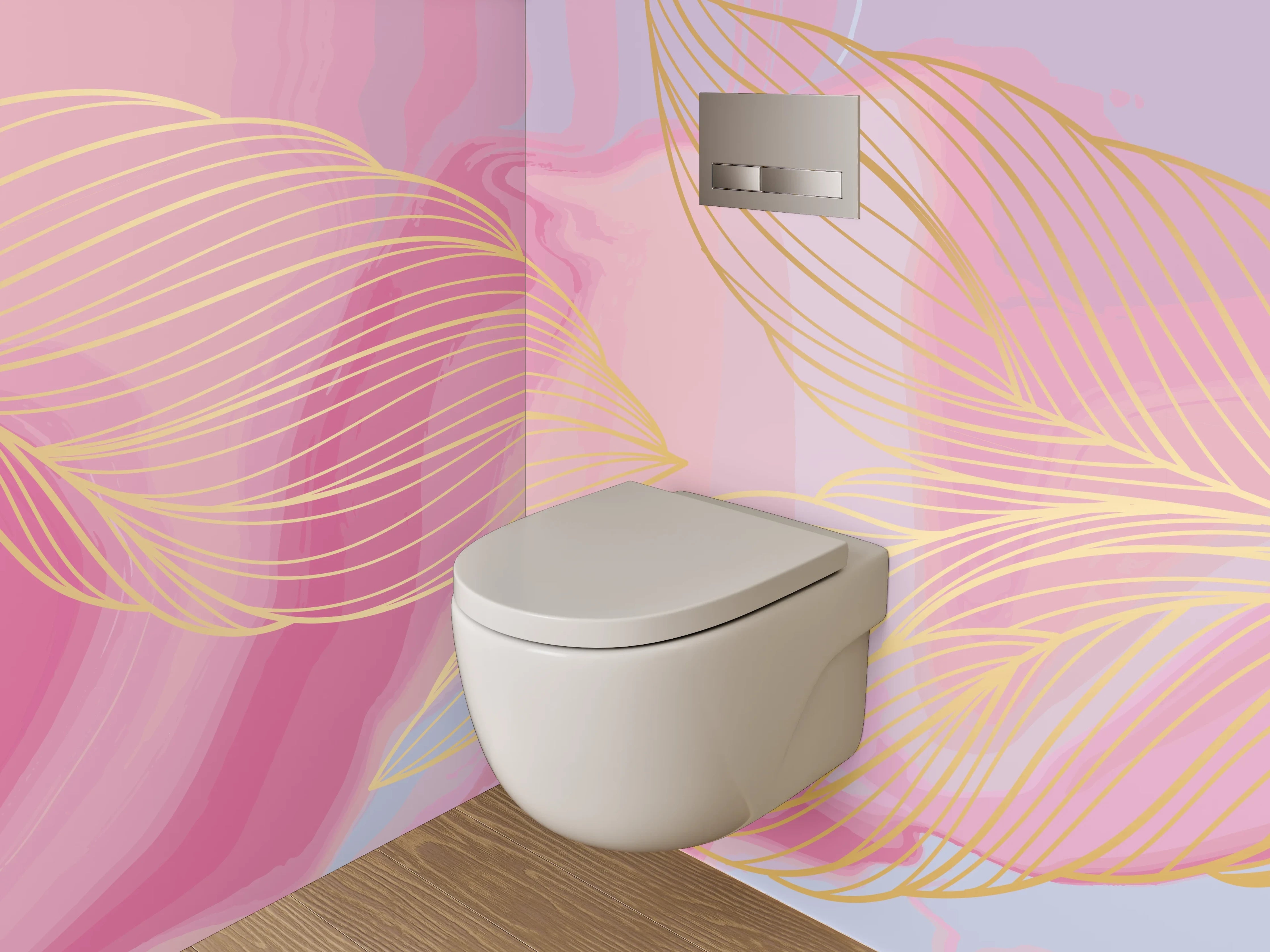 WC-Rückwand - Abstrakte Lineart mit Gold in Rosa