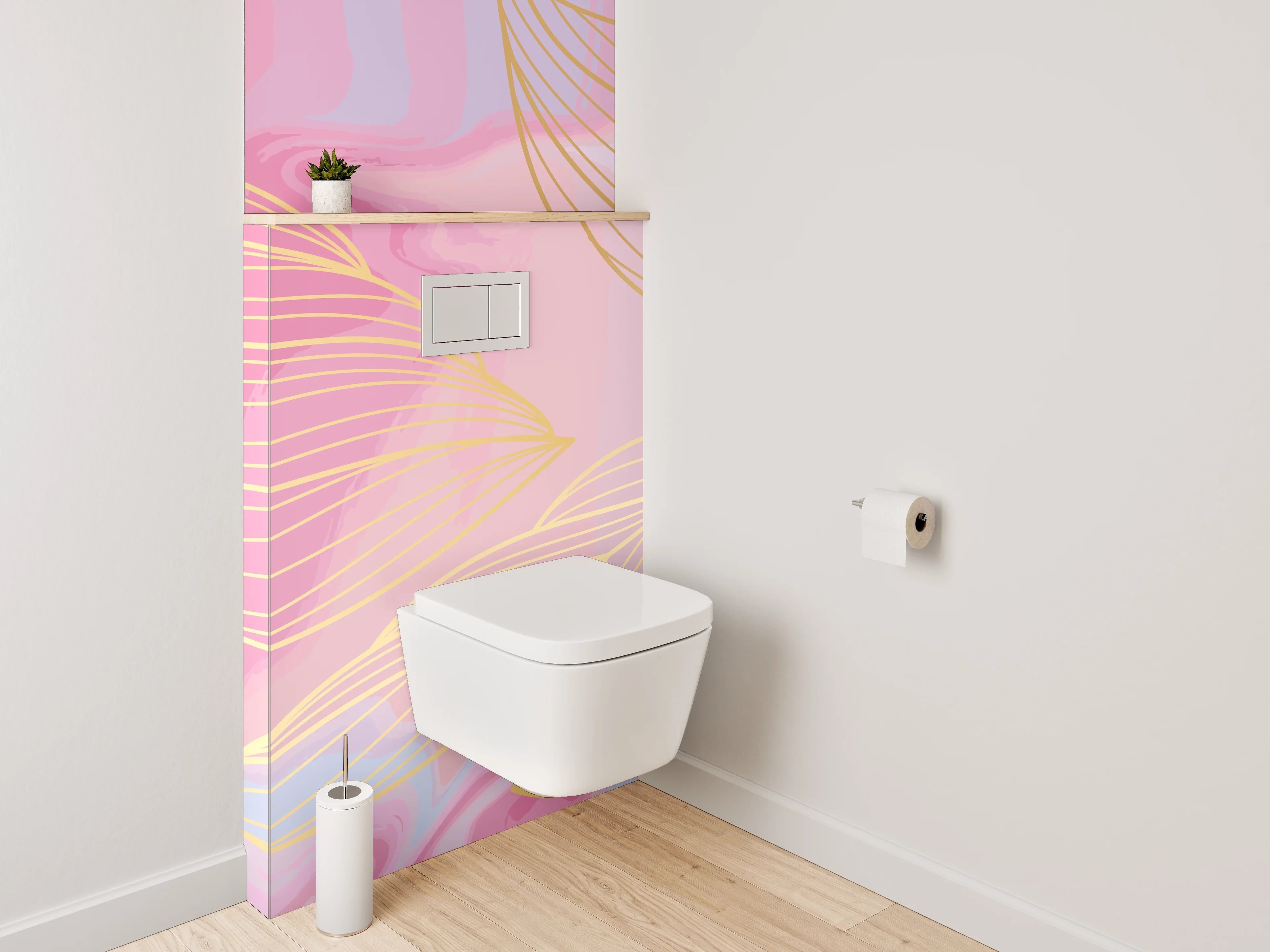 WC-Rückwand - Abstrakte Lineart mit Gold in Rosa