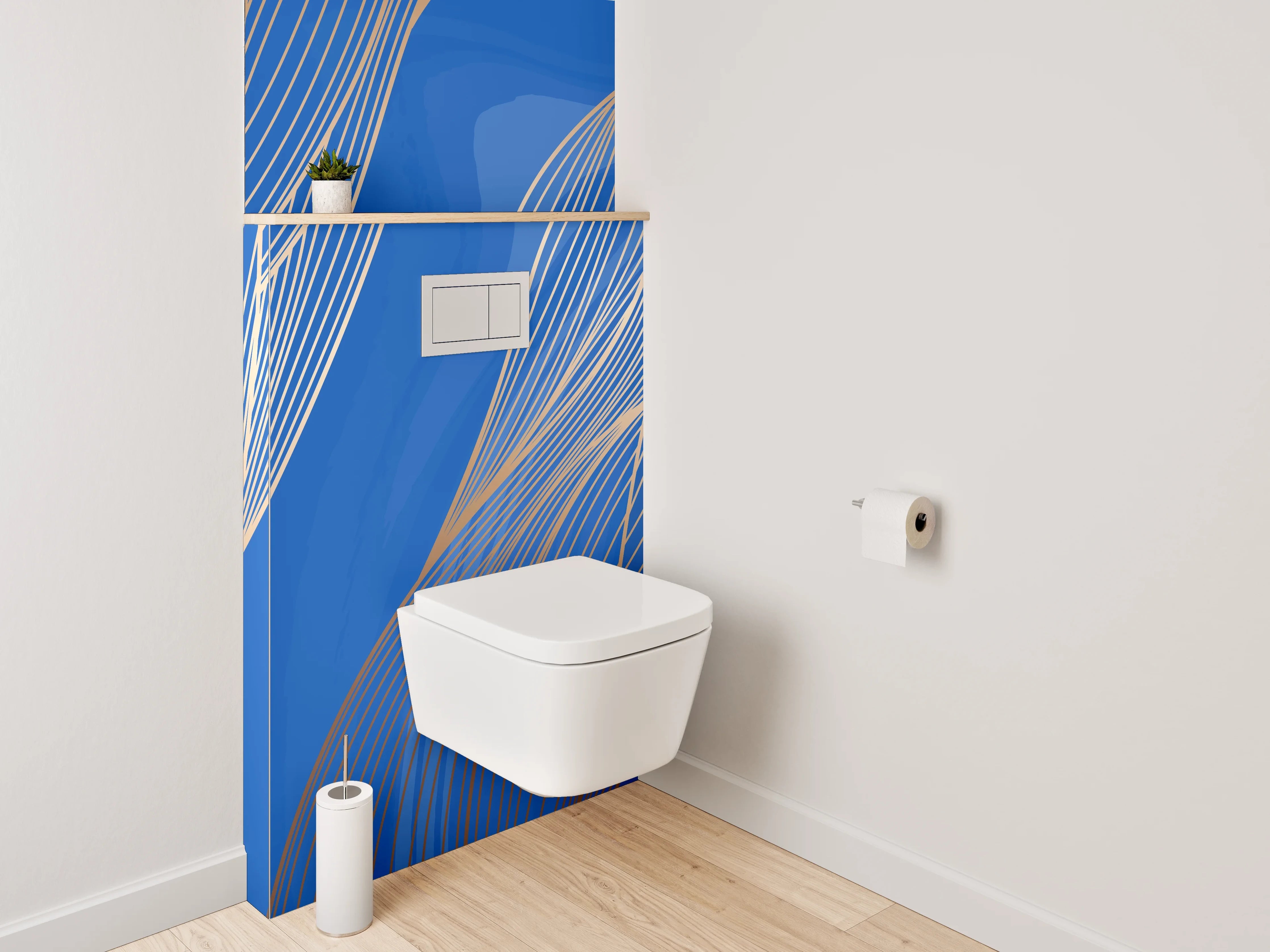 WC-Rückwand - Abstrakte Linien in Blau und Gold