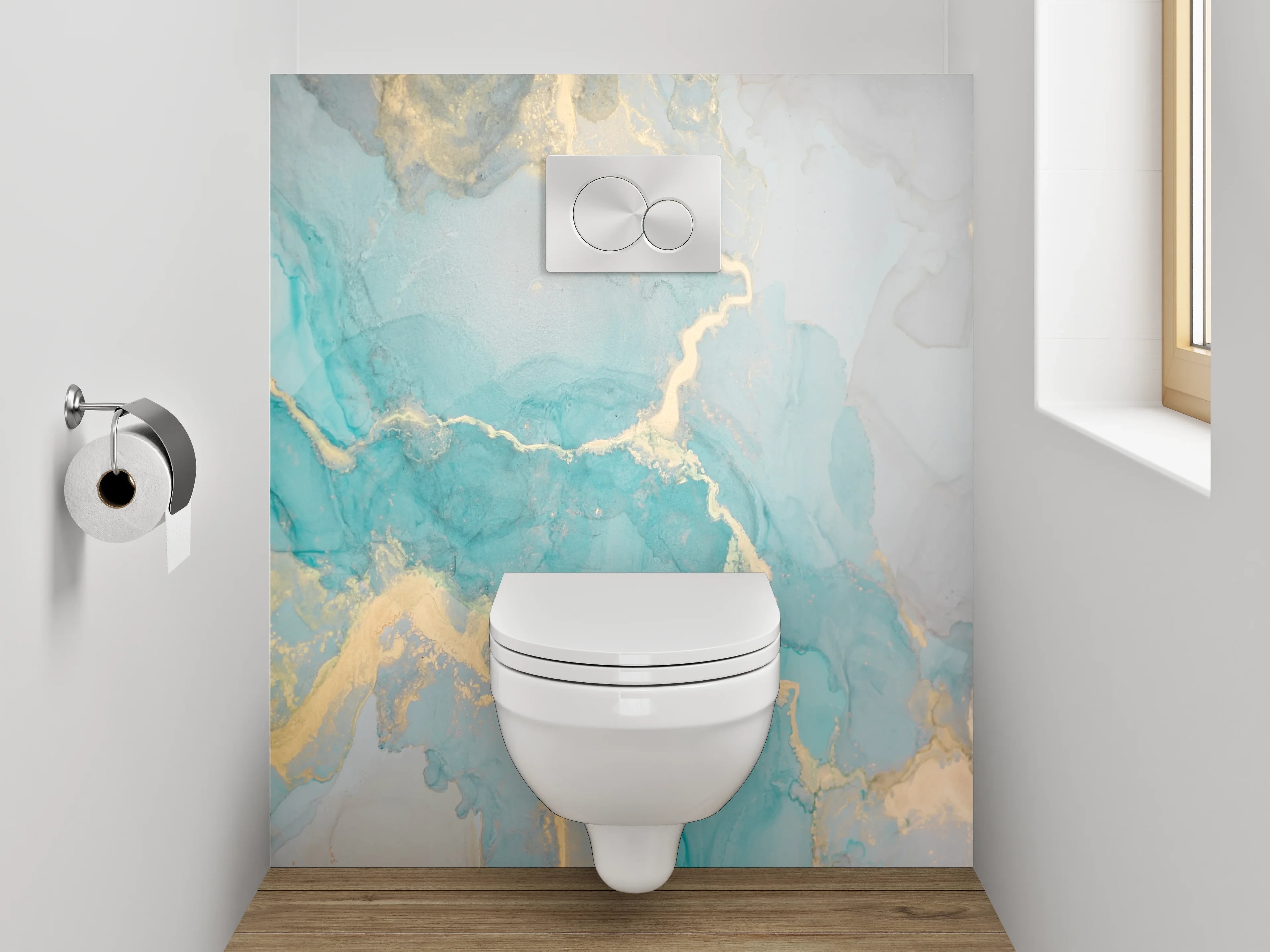 WC-Rückwand - Abstrakte Marmor Aquarell Optik Türkis Gold