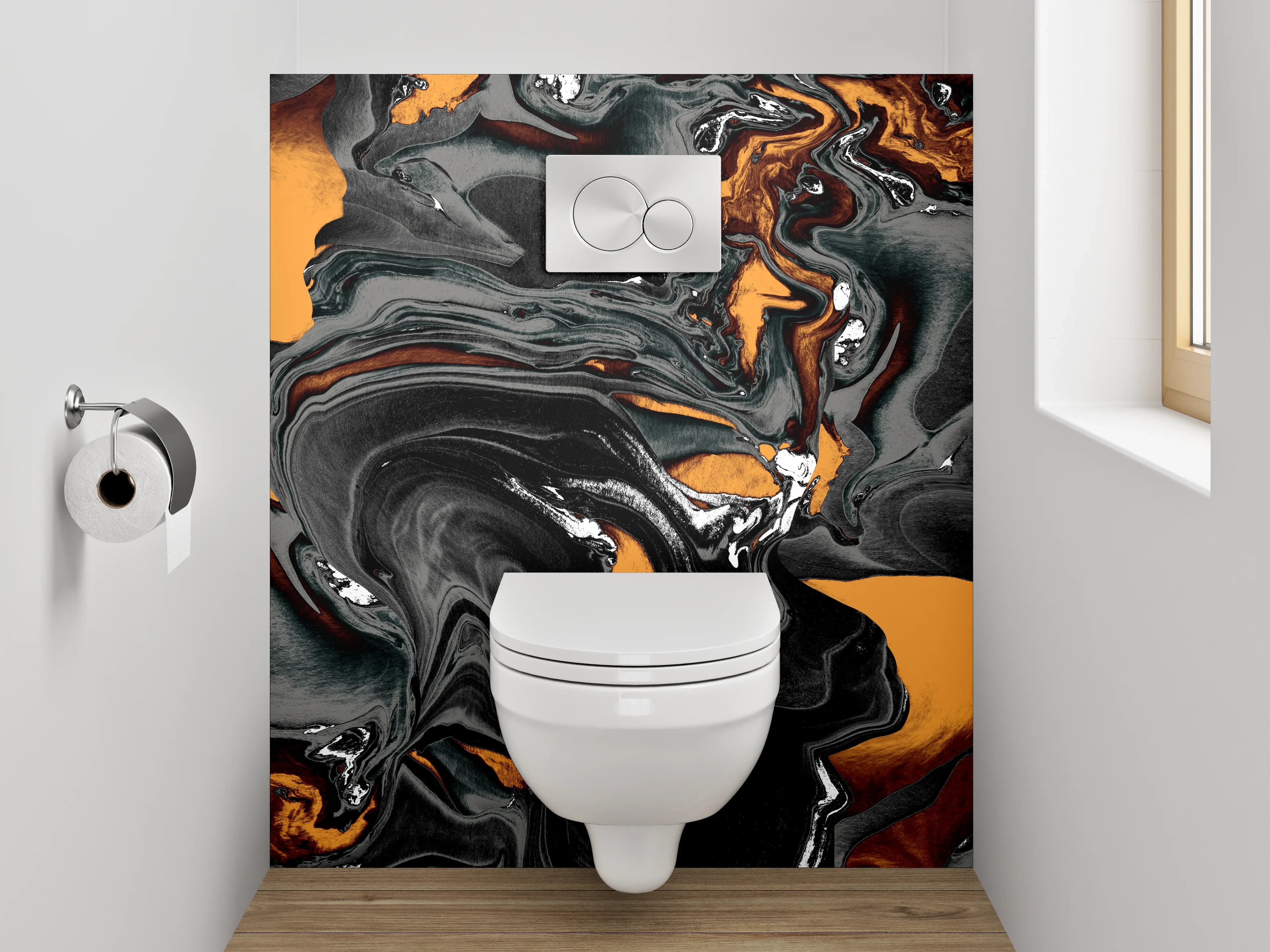 WC-Rückwand - Abstrakte Marmor-Optik Schwarz Orange