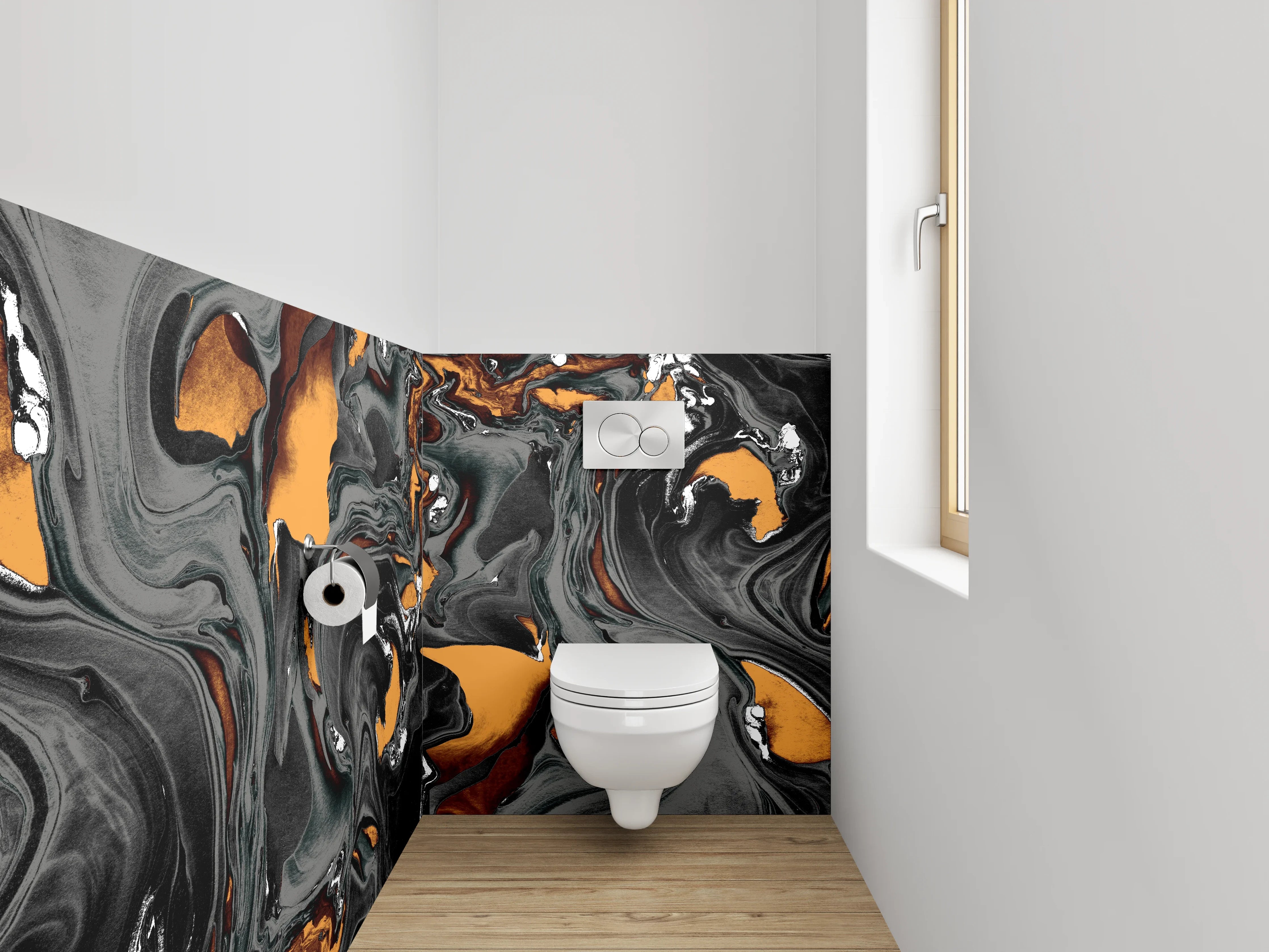 WC-Rückwand - Abstrakte Marmor-Optik Schwarz Orange