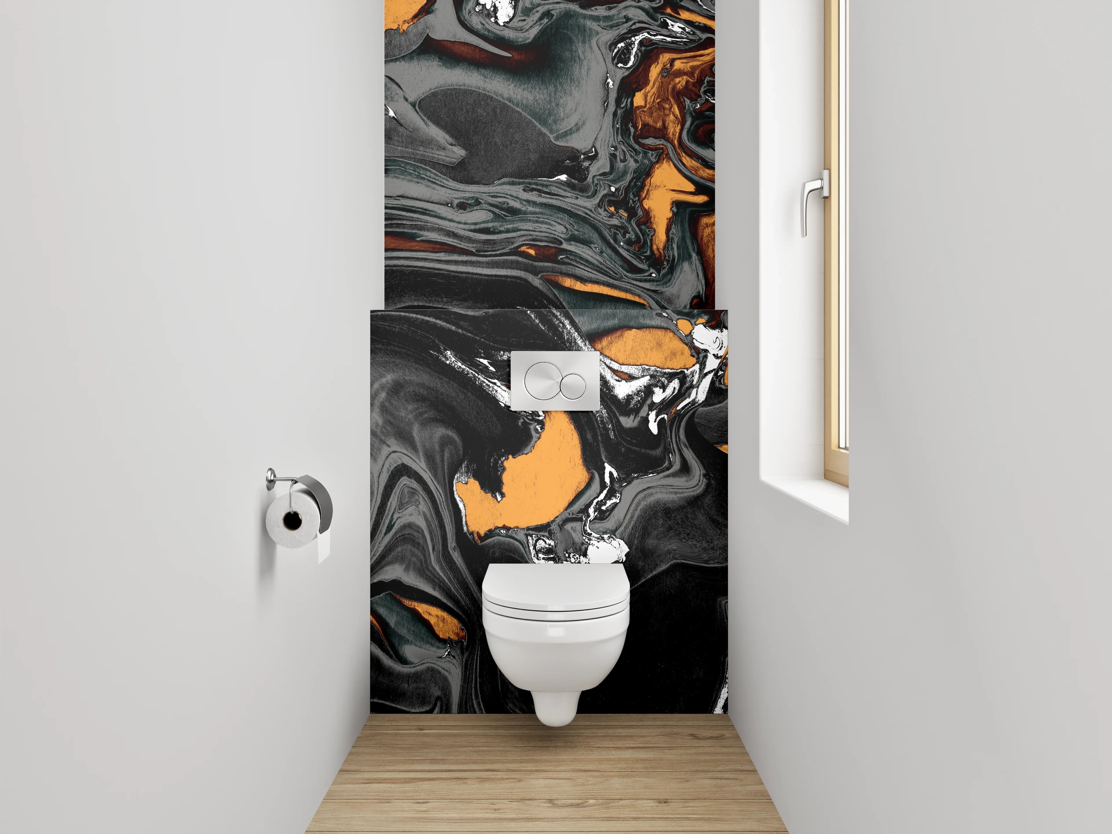 WC-Rückwand - Abstrakte Marmor-Optik Schwarz Orange