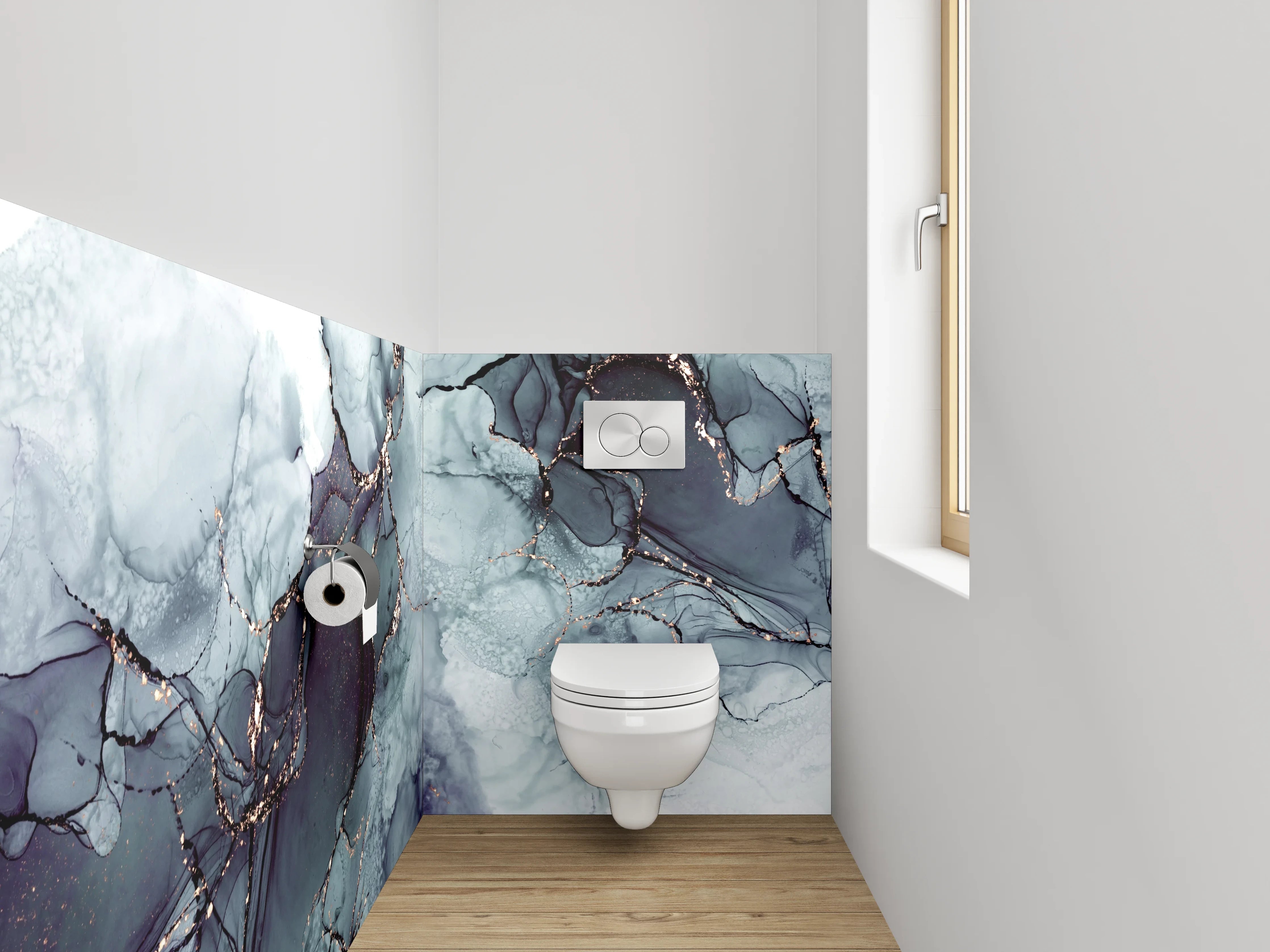 WC-Rückwand - Abstrakte Marmor-Optik in Blau-Grau