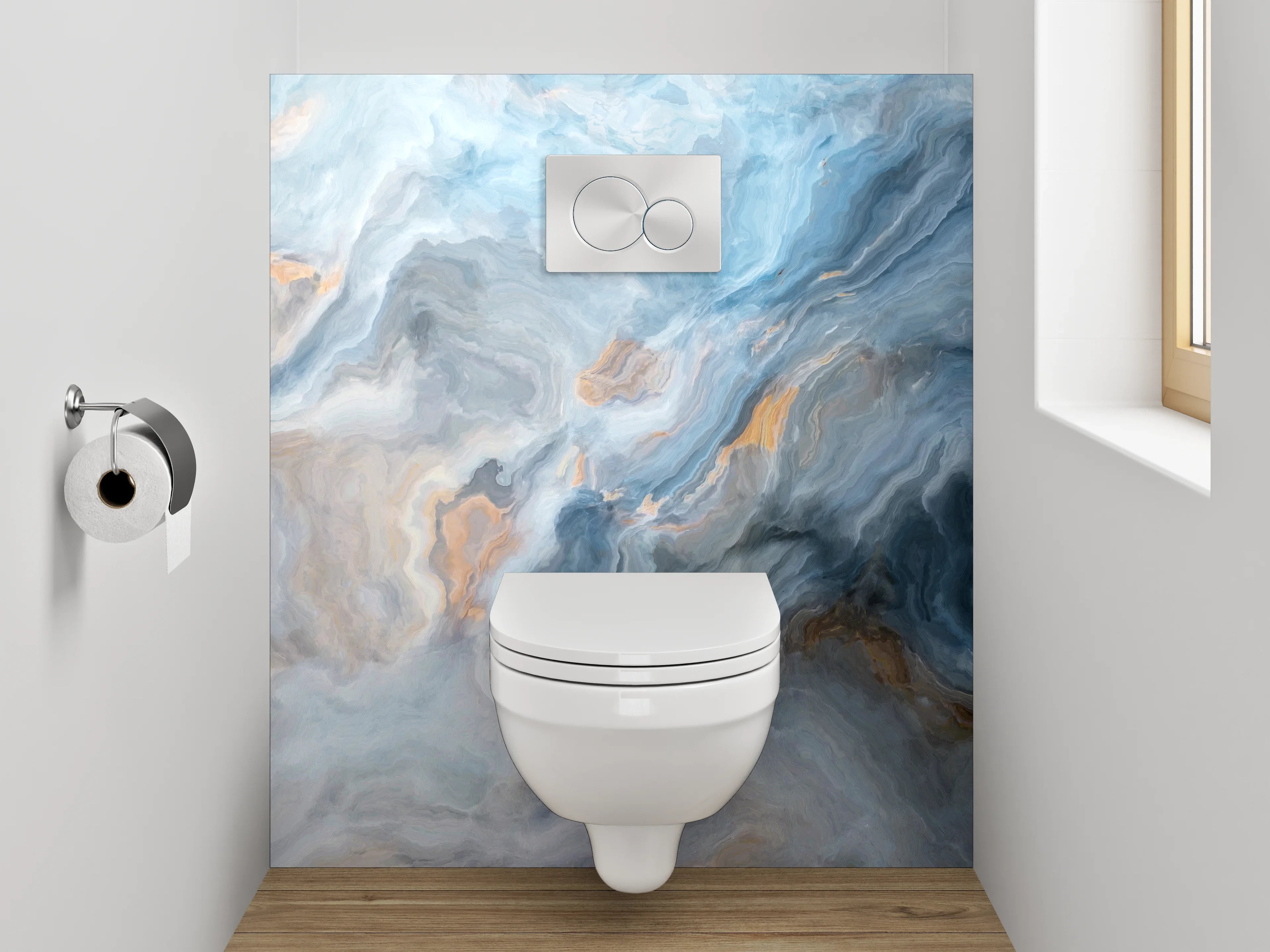 WC-Rückwand - Abstrakte Marmor-Optik in Blau und Beige