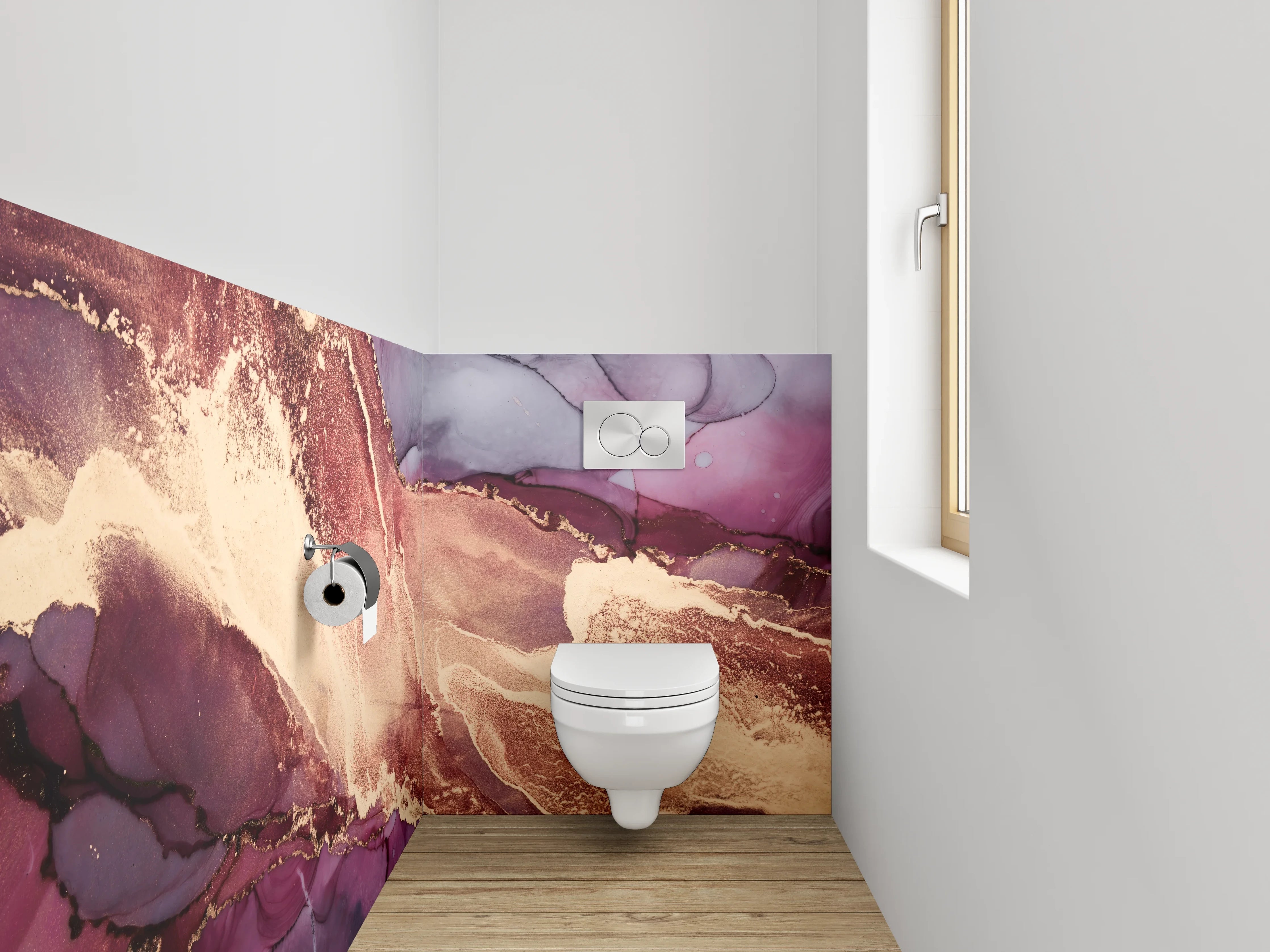 WC-Rückwand - Abstrakte Marmor-Optik in Gold und Lila