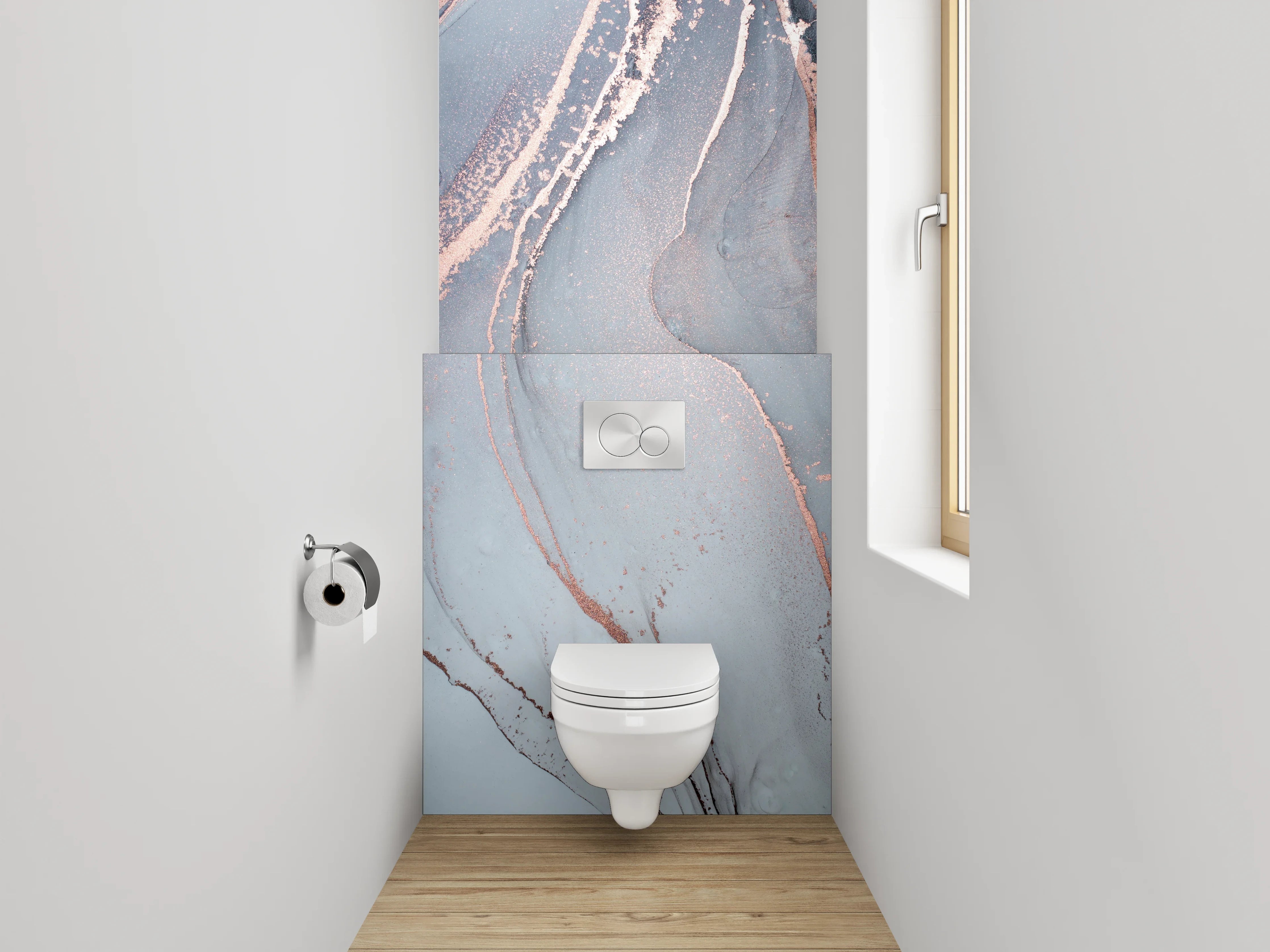 WC-Rückwand - Abstrakte Marmor-Optik in Weiß und Grau