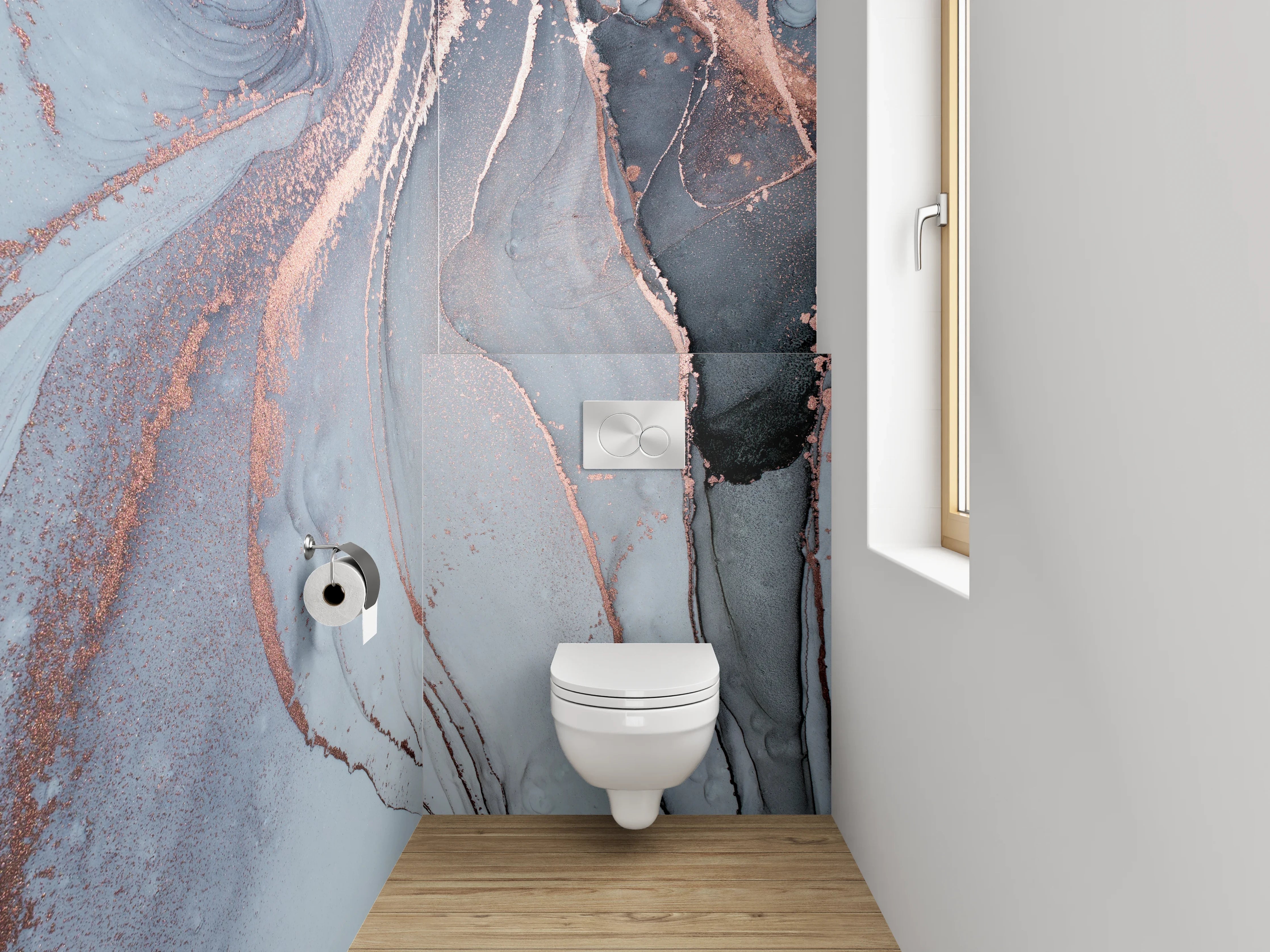 WC-Rückwand - Abstrakte Marmor-Optik in Weiß und Grau