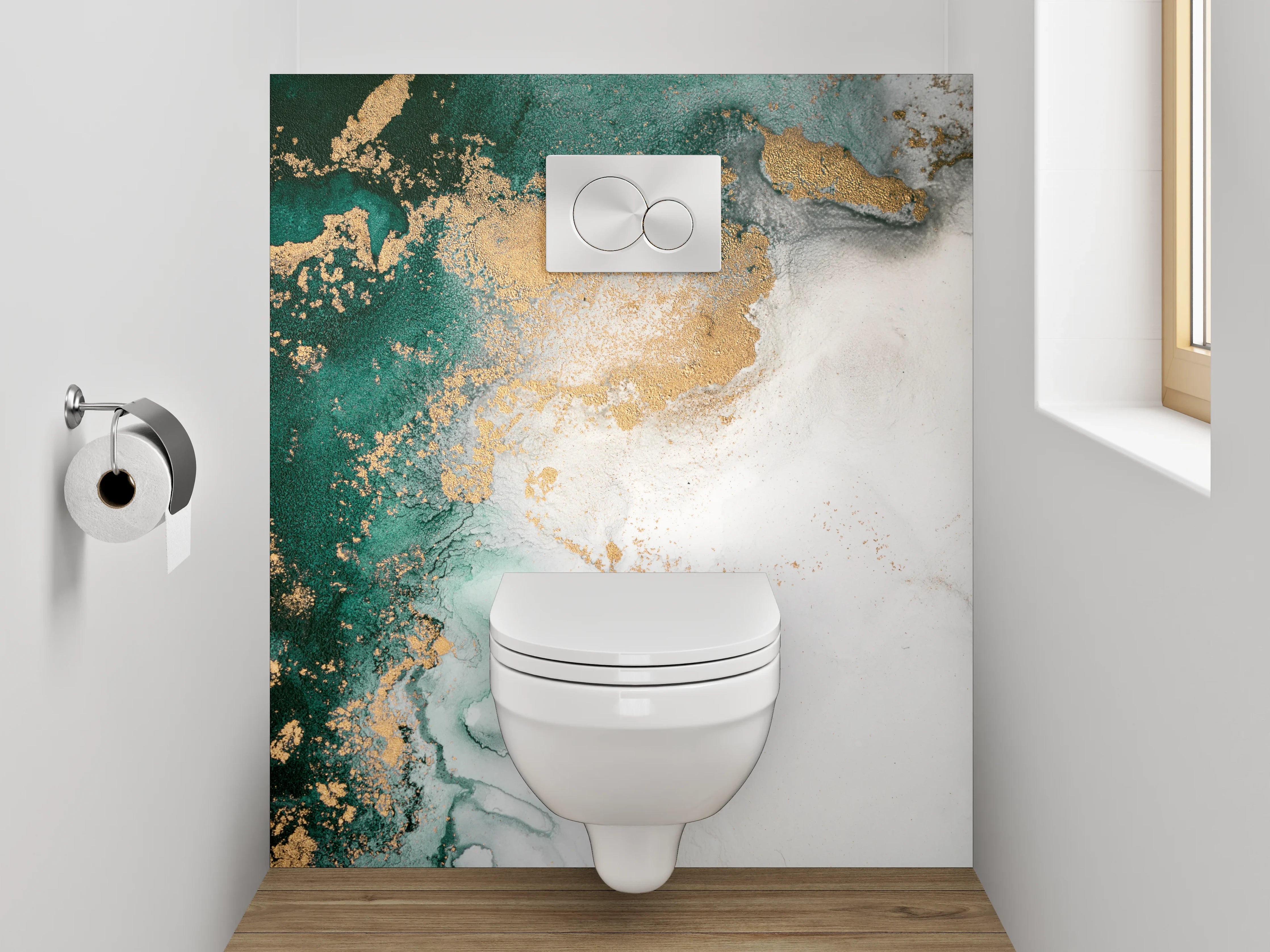 WC-Rückwand - Abstrakte Marmor-Optik in Weiß und Grün