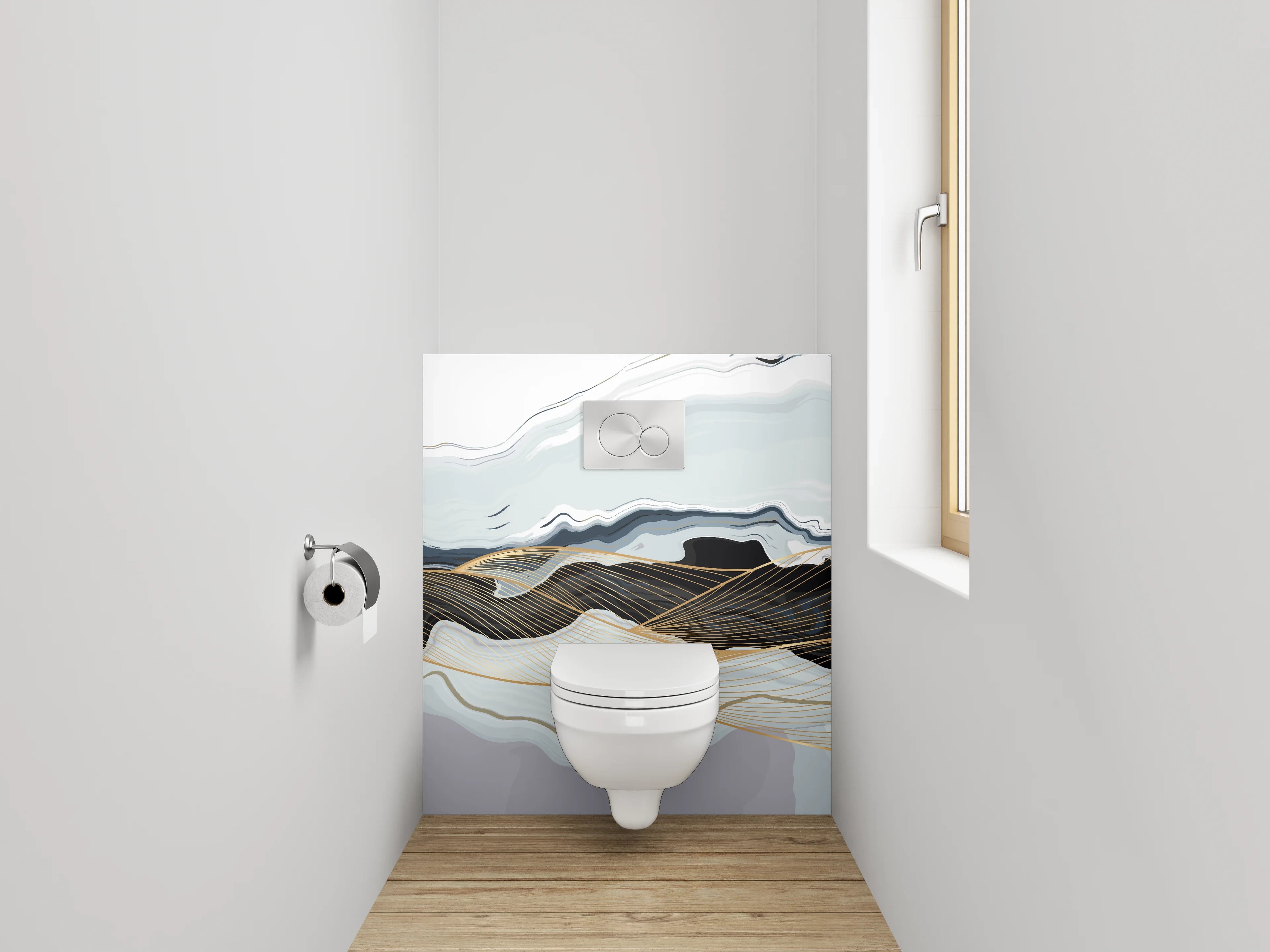 WC-Rückwand - Abstrakte Marmor-Wellen in Weiß und Gold