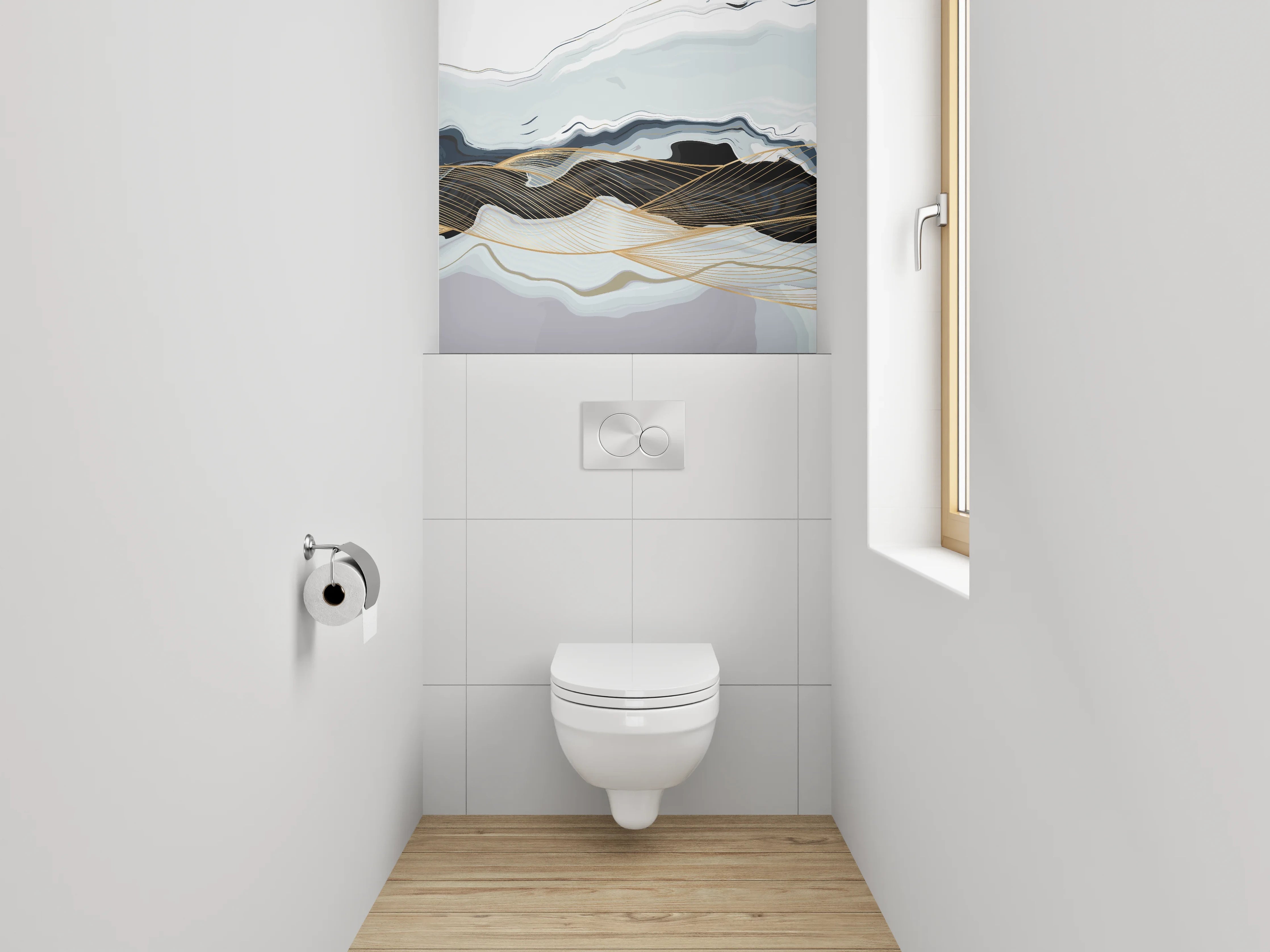 WC-Rückwand - Abstrakte Marmor-Wellen in Weiß und Gold