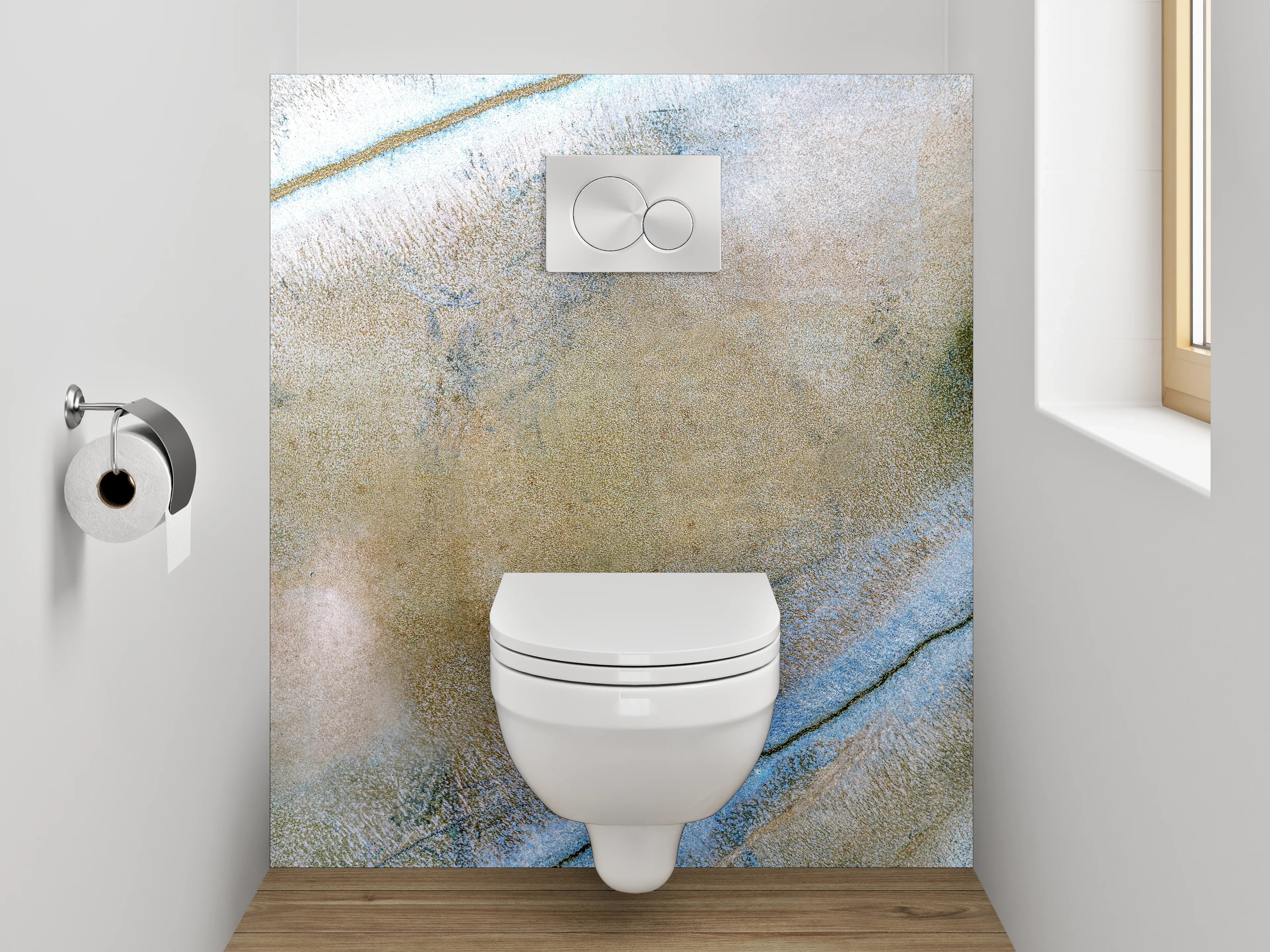 WC-Rückwand - Abstrakte Marmoroptik in Beige-Blau