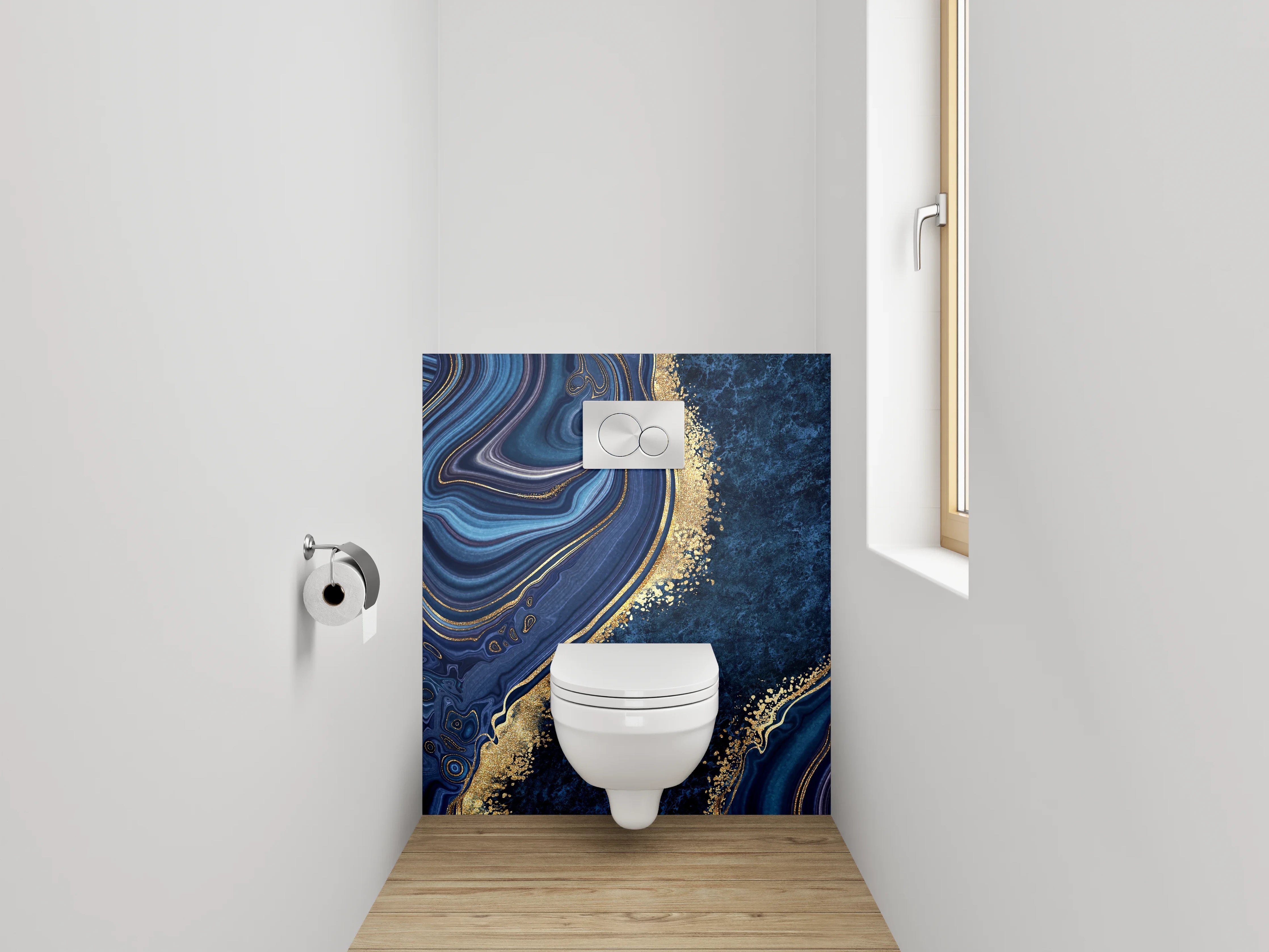 WC-Rückwand - Abstrakte Marmoroptik in Blau und Gold