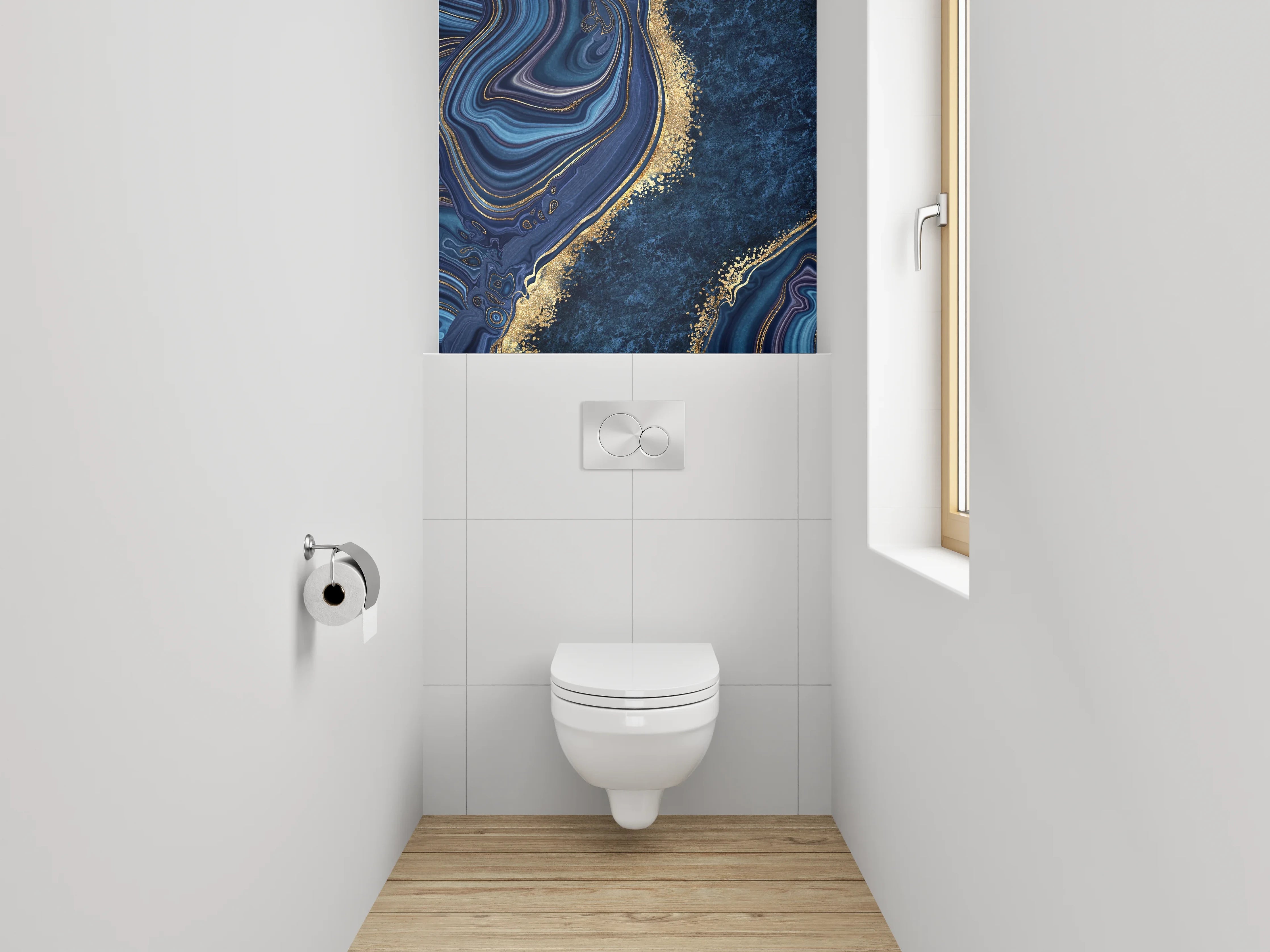 WC-Rückwand - Abstrakte Marmoroptik in Blau und Gold
