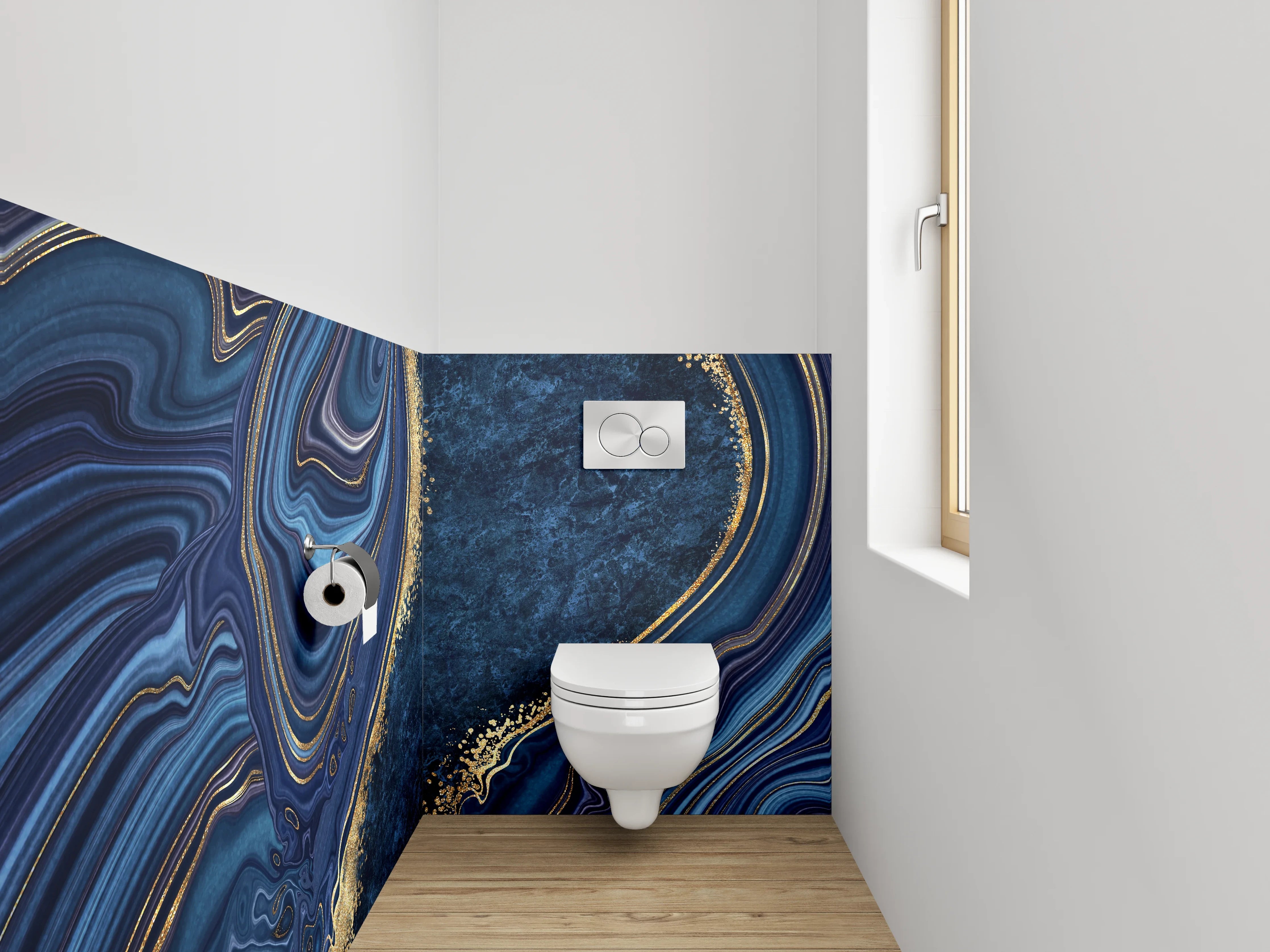 WC-Rückwand - Abstrakte Marmoroptik in Blau und Gold