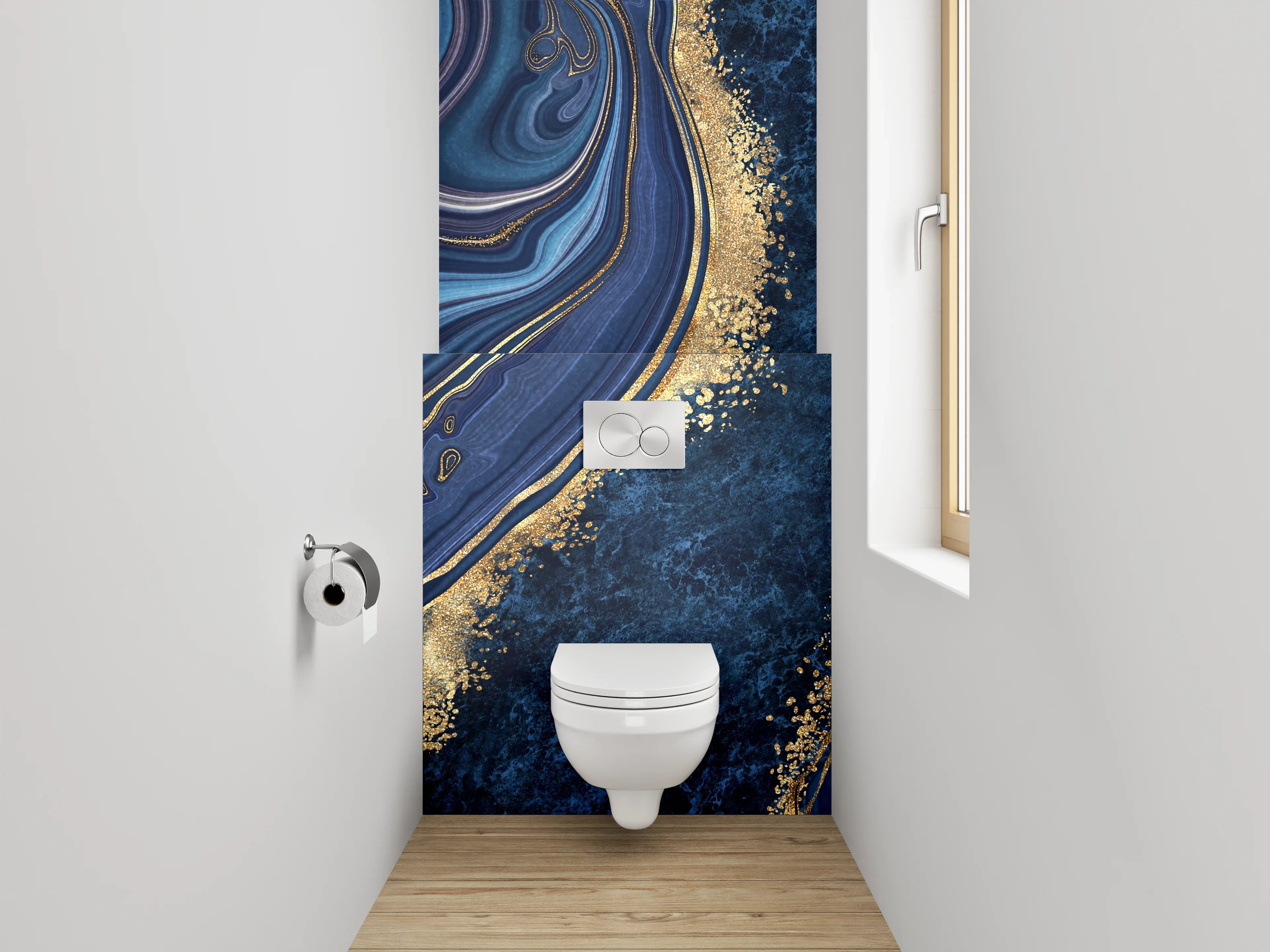 WC-Rückwand - Abstrakte Marmoroptik in Blau und Gold