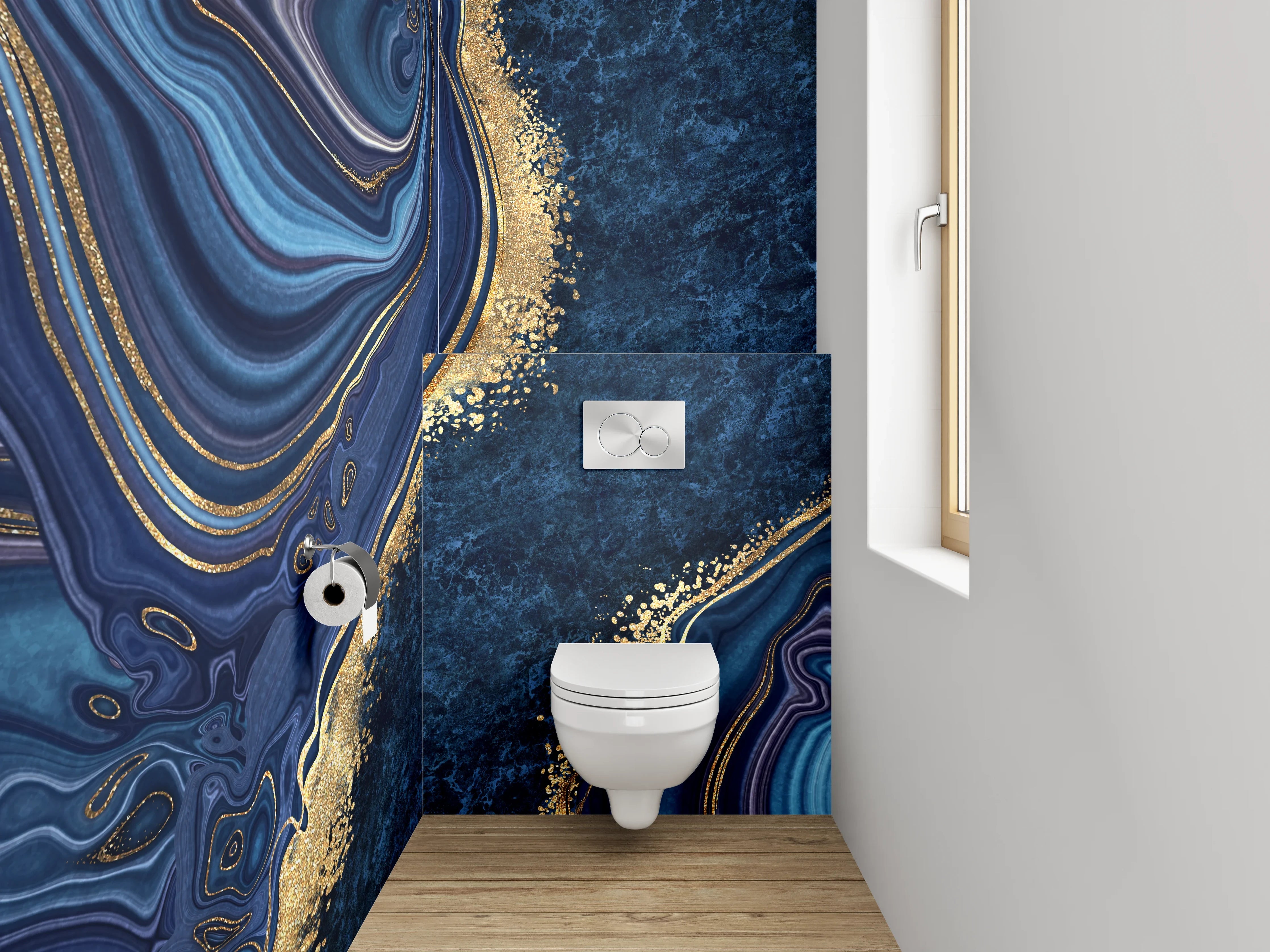 WC-Rückwand - Abstrakte Marmoroptik in Blau und Gold