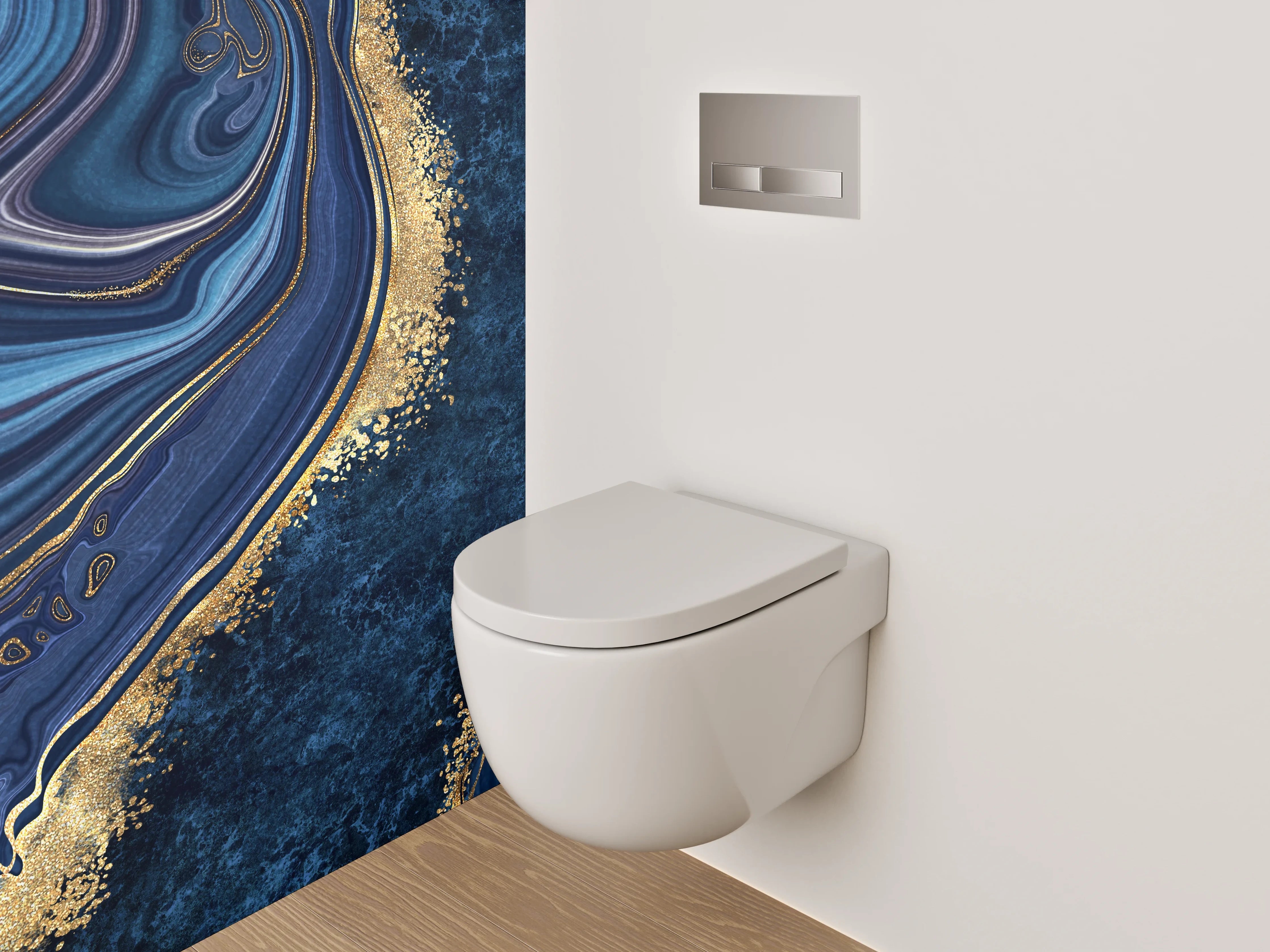WC-Rückwand - Abstrakte Marmoroptik in Blau und Gold