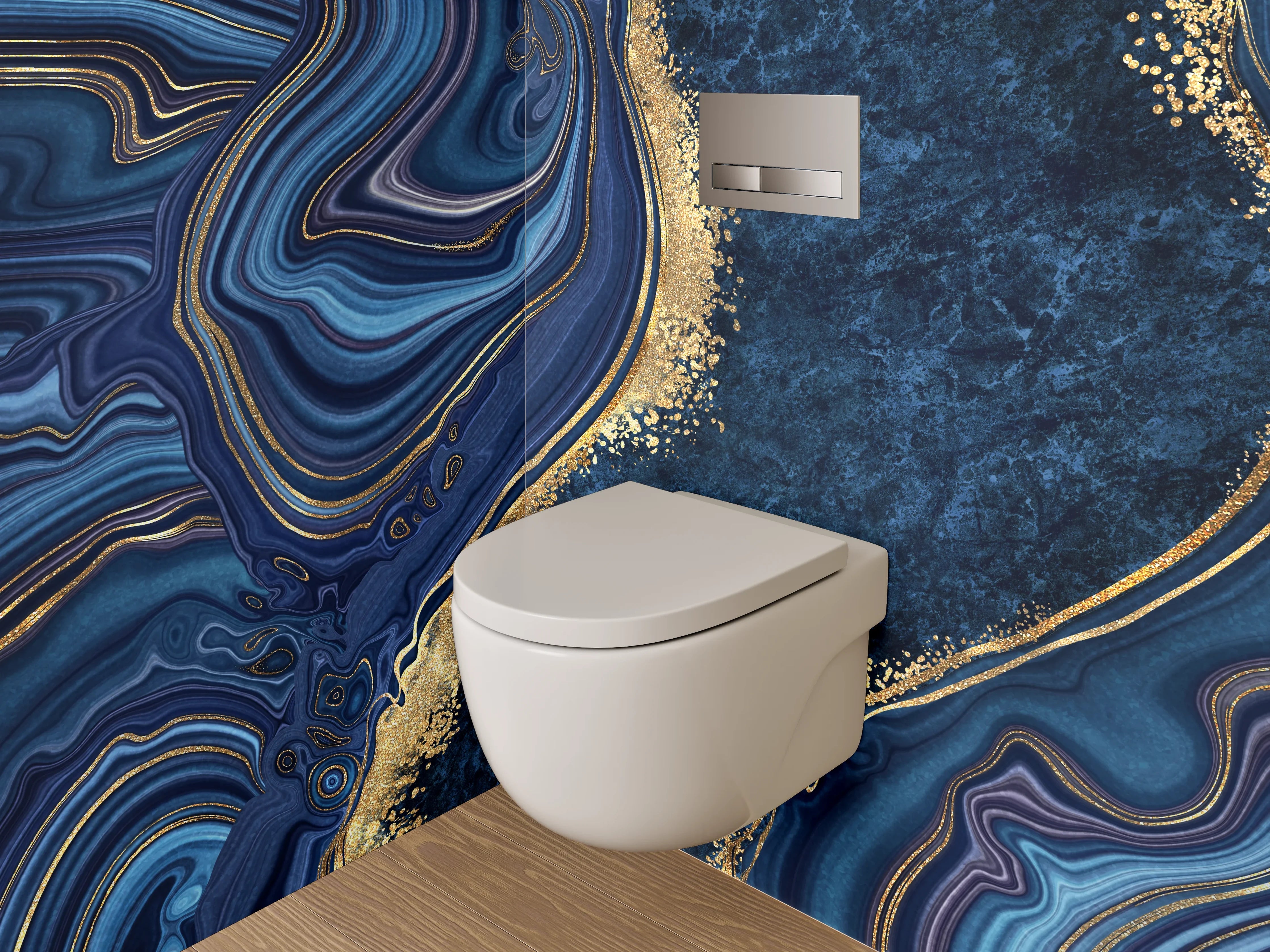 WC-Rückwand - Abstrakte Marmoroptik in Blau und Gold