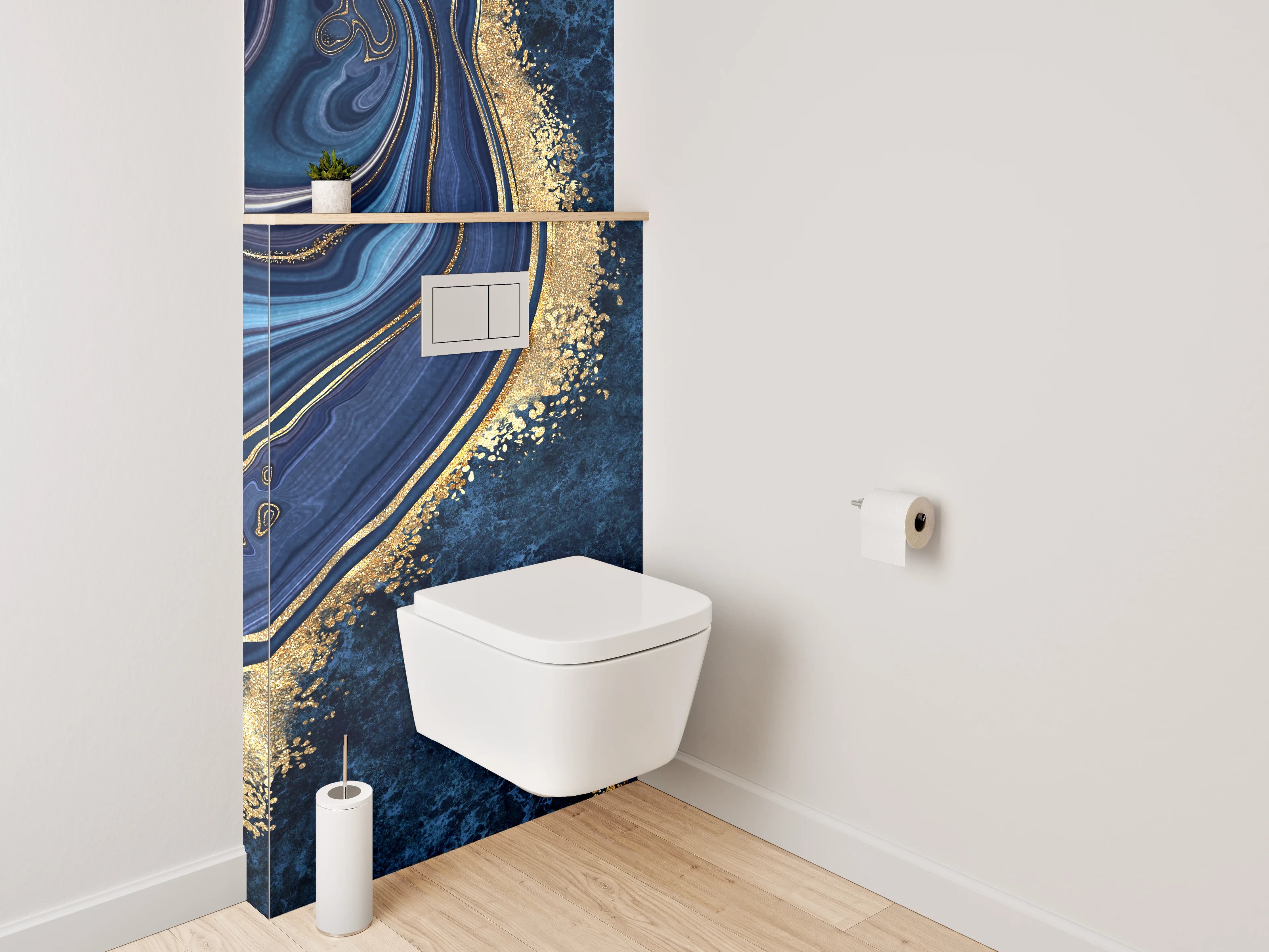 WC-Rückwand - Abstrakte Marmoroptik in Blau und Gold