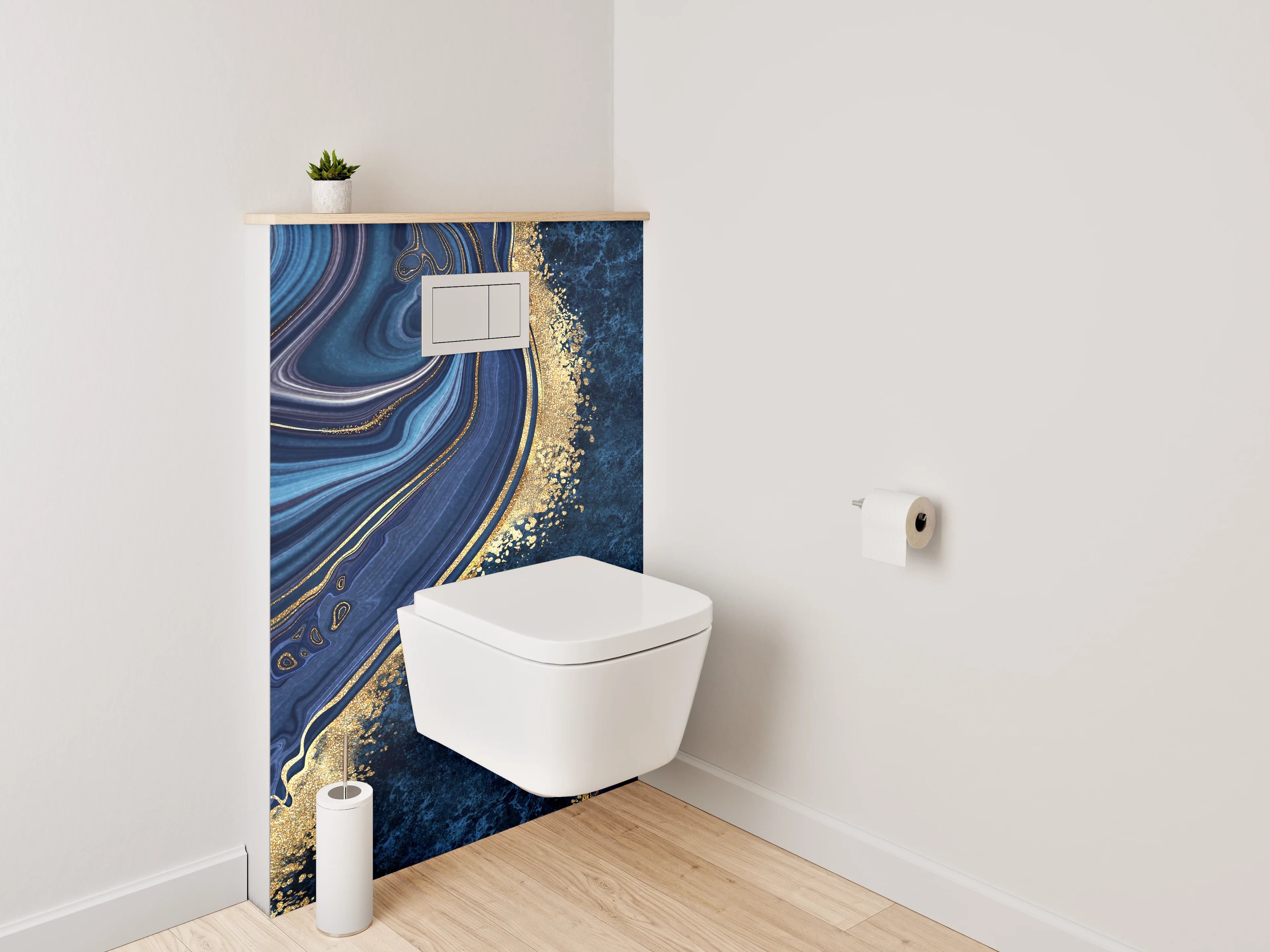 WC-Rückwand - Abstrakte Marmoroptik in Blau und Gold