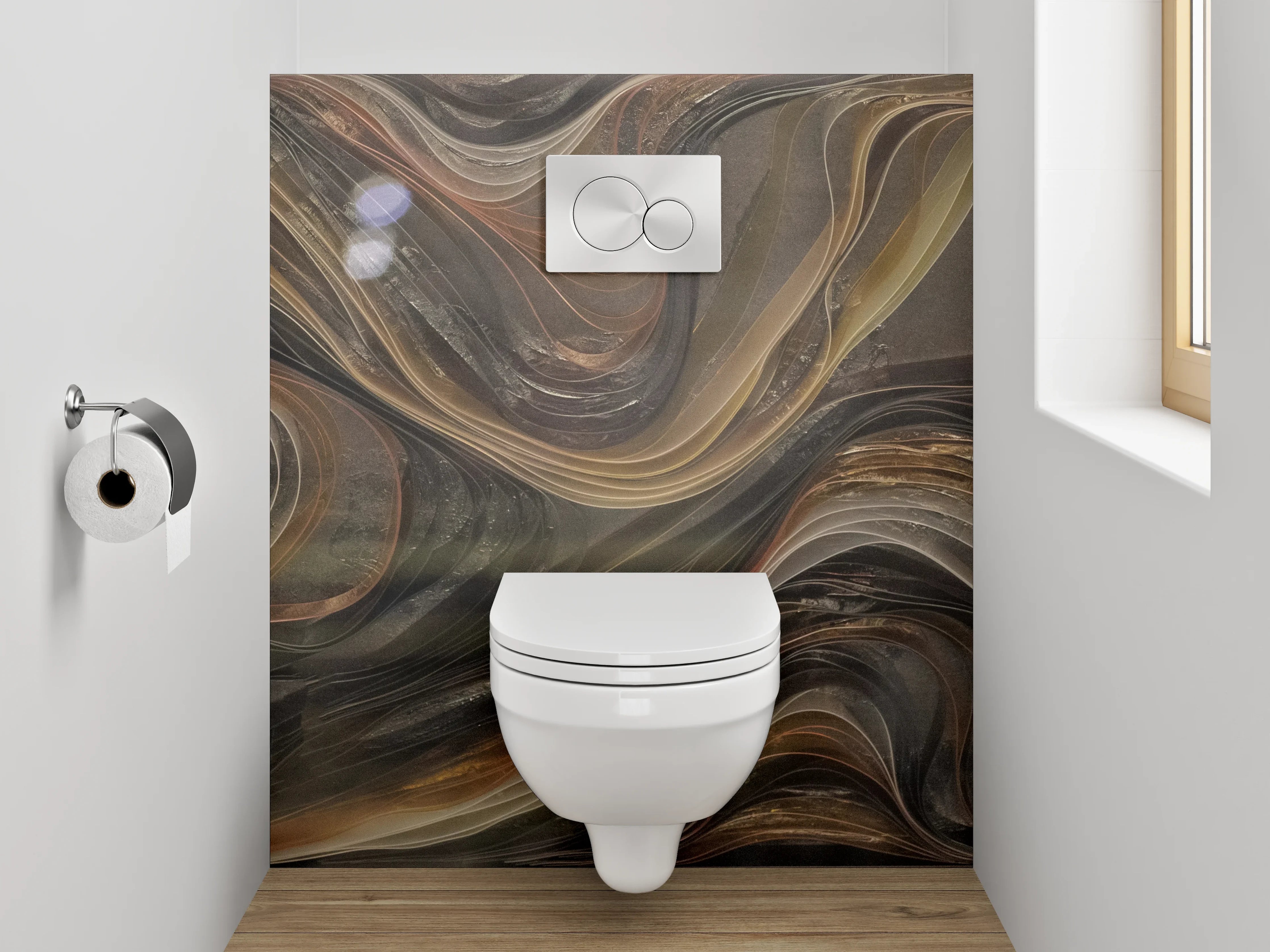 WC-Rückwand - Abstrakte Marmoroptik in Braun-Gold