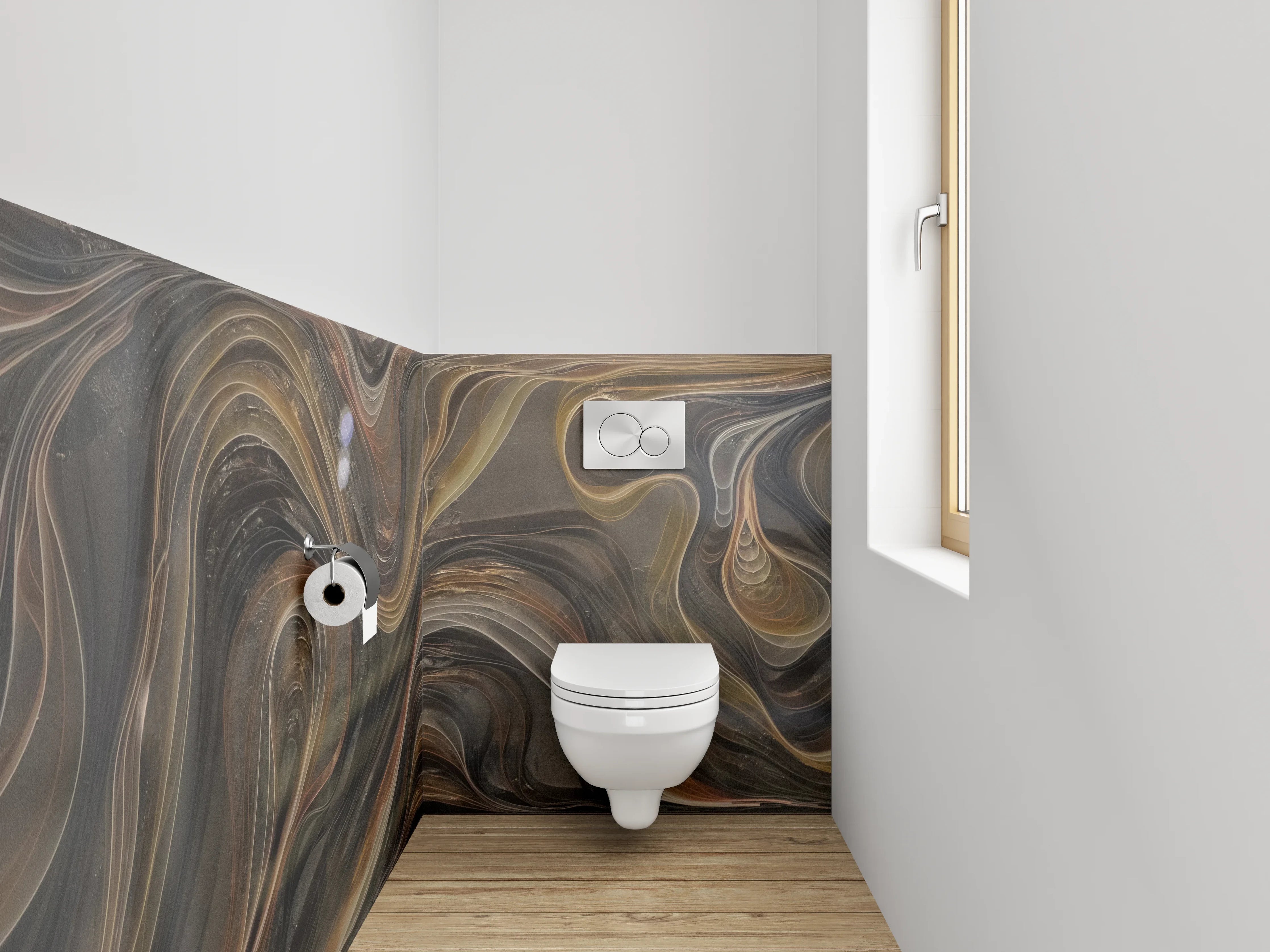 WC-Rückwand - Abstrakte Marmoroptik in Braun-Gold