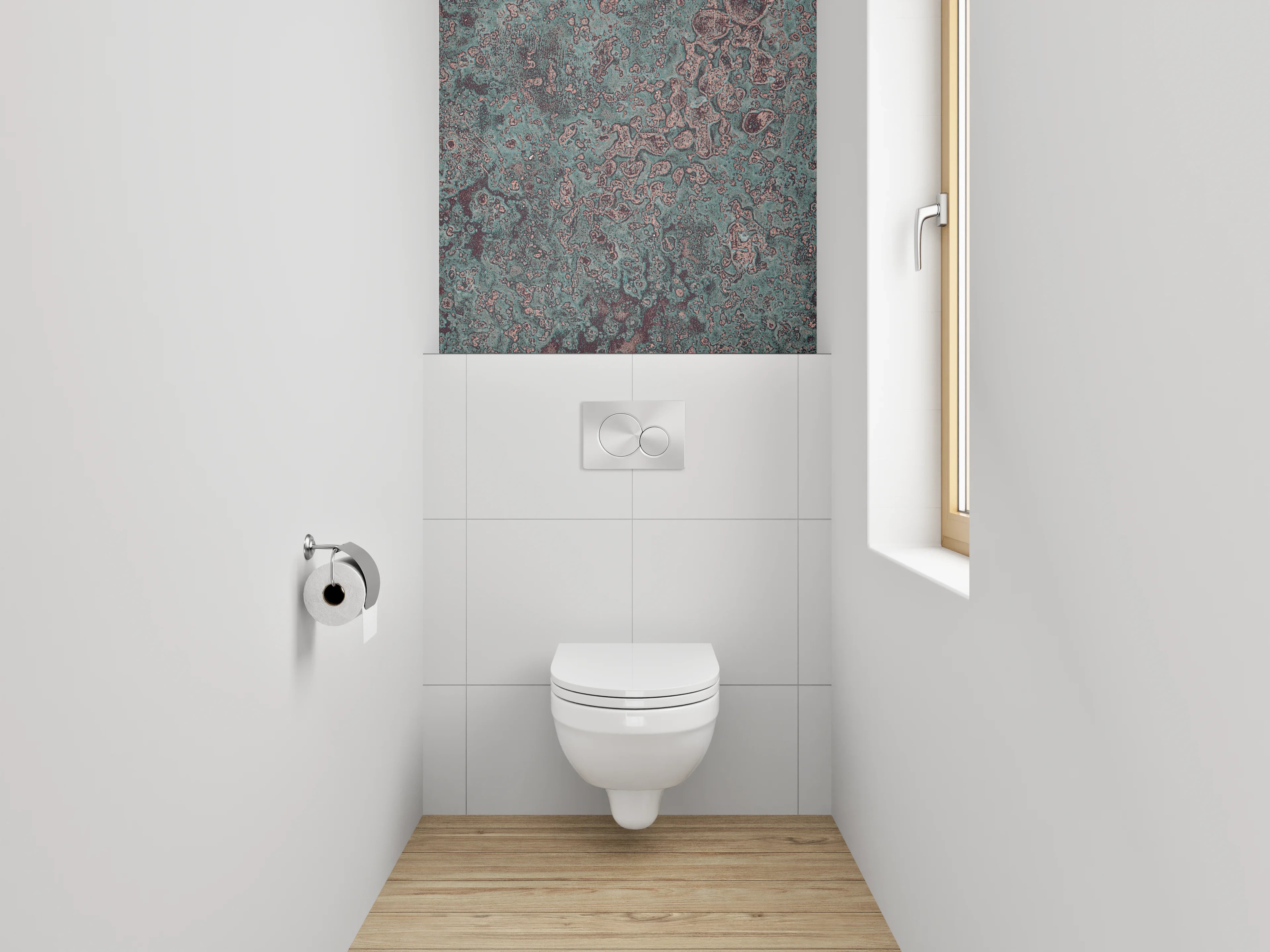 WC-Rückwand - Abstrakte Marmoroptik in Türkis und Rotbraun