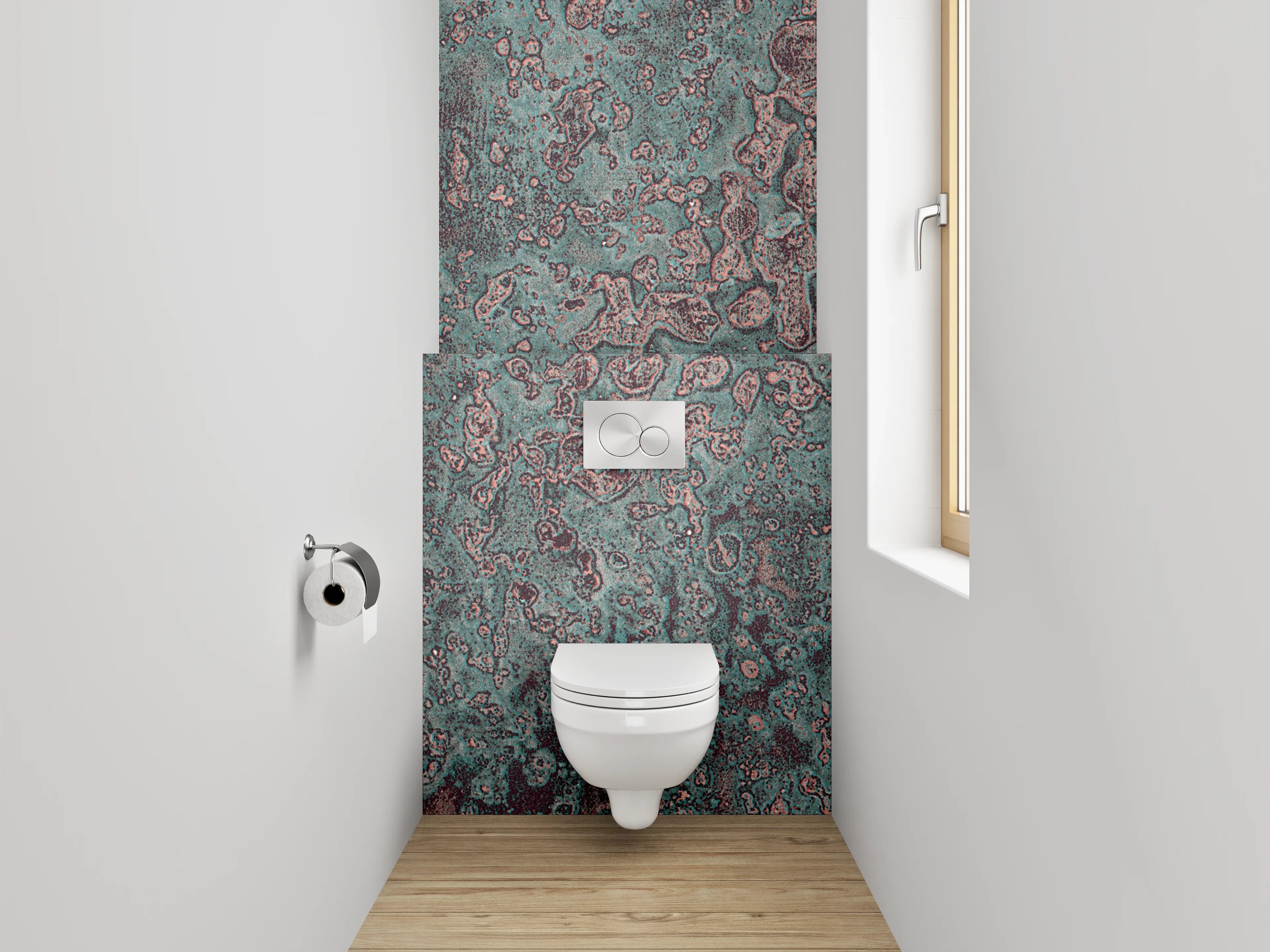 WC-Rückwand - Abstrakte Marmoroptik in Türkis und Rotbraun