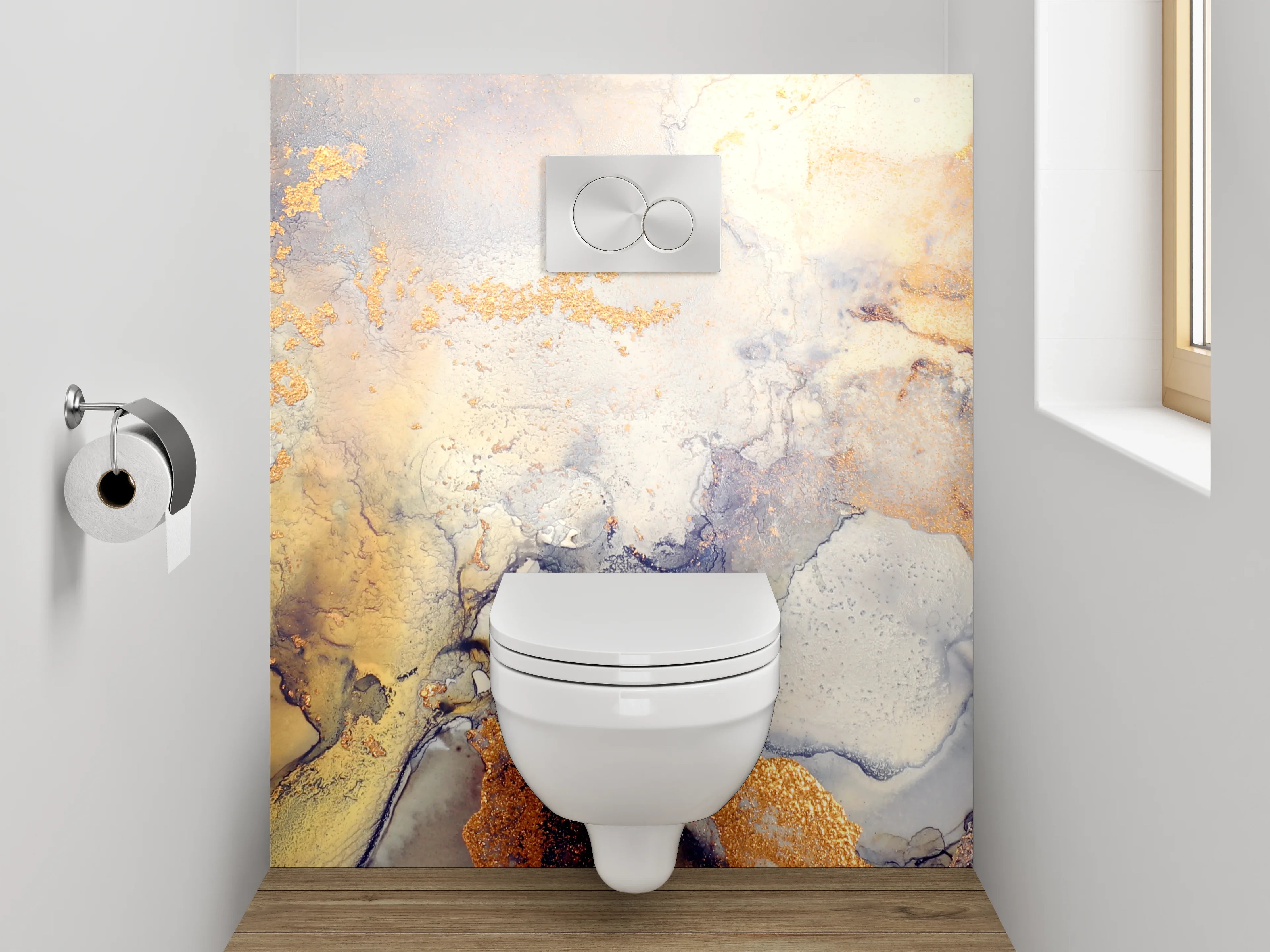 WC-Rückwand - Abstrakte Marmoroptik mit goldenen Akzenten