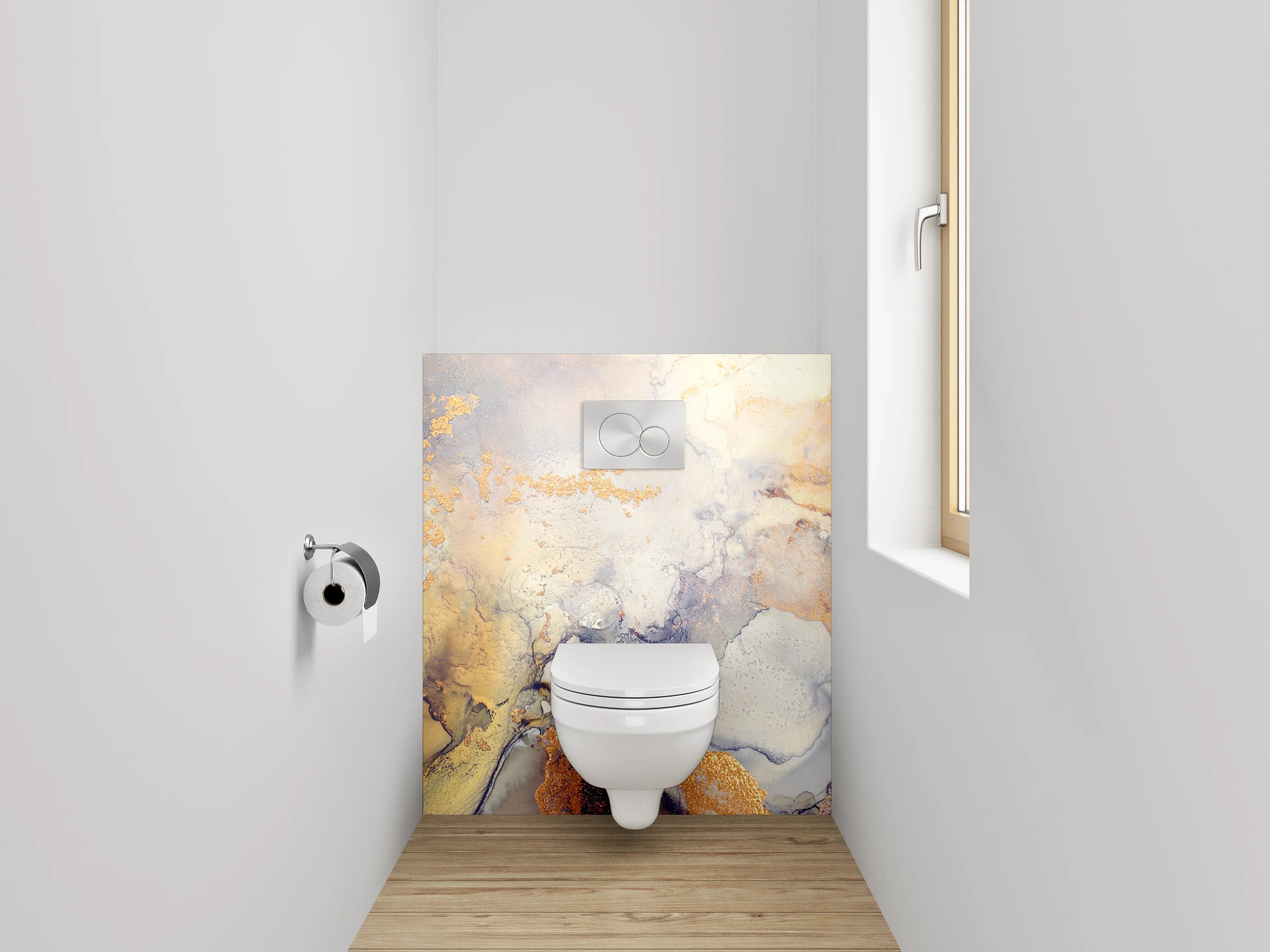 WC-Rückwand - Abstrakte Marmoroptik mit goldenen Akzenten