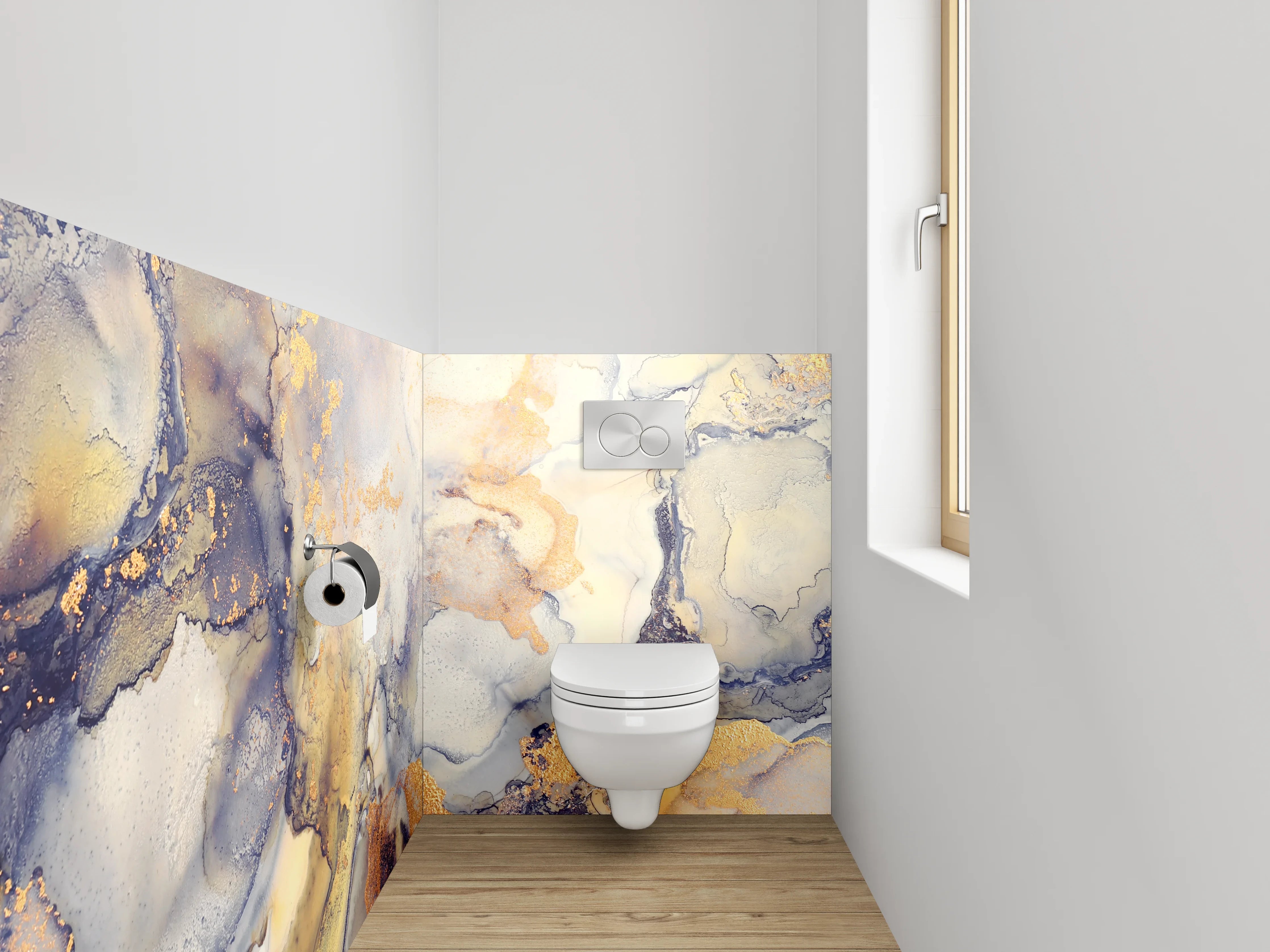 WC-Rückwand - Abstrakte Marmoroptik mit goldenen Akzenten