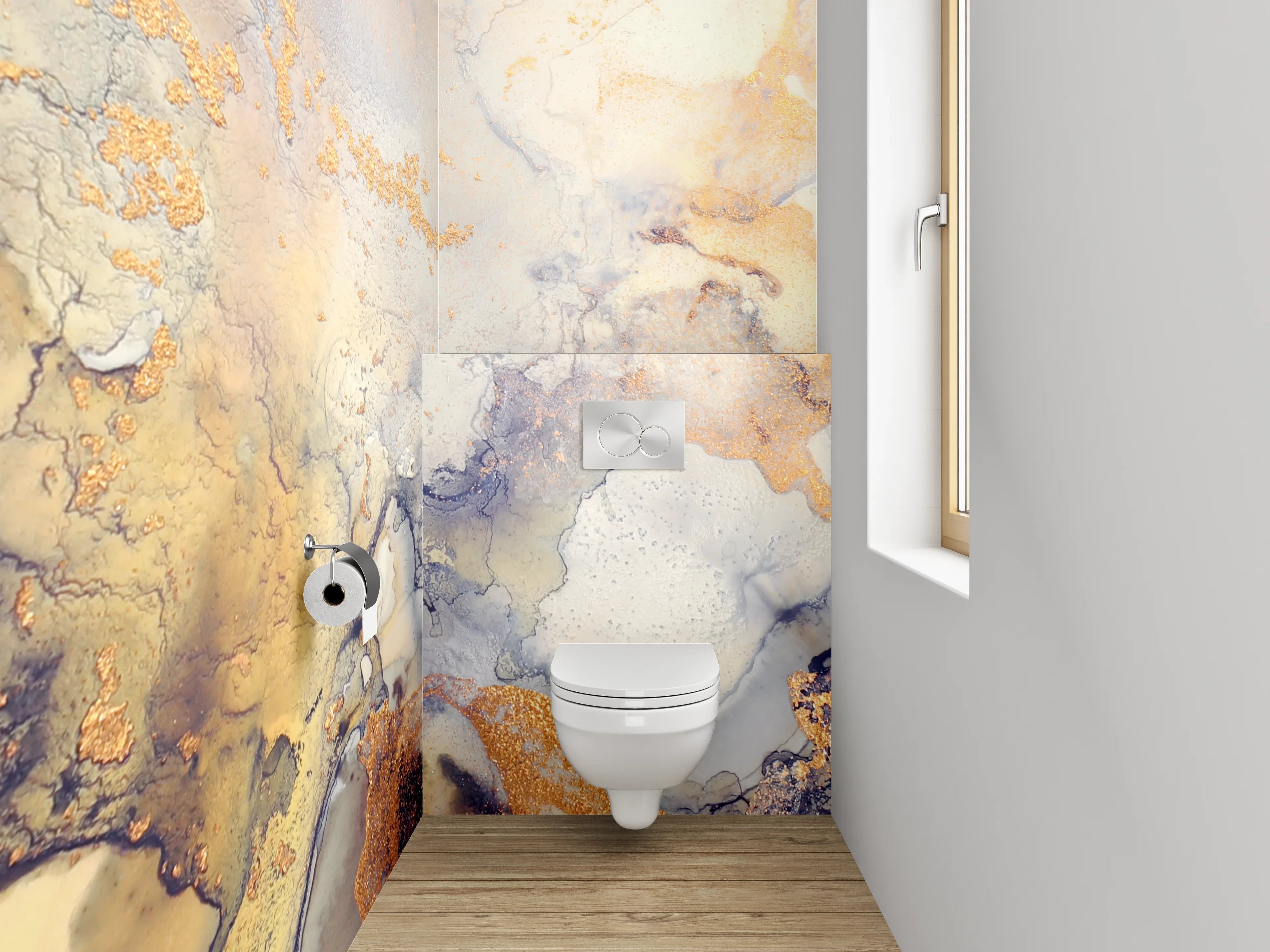 WC-Rückwand - Abstrakte Marmoroptik mit goldenen Akzenten