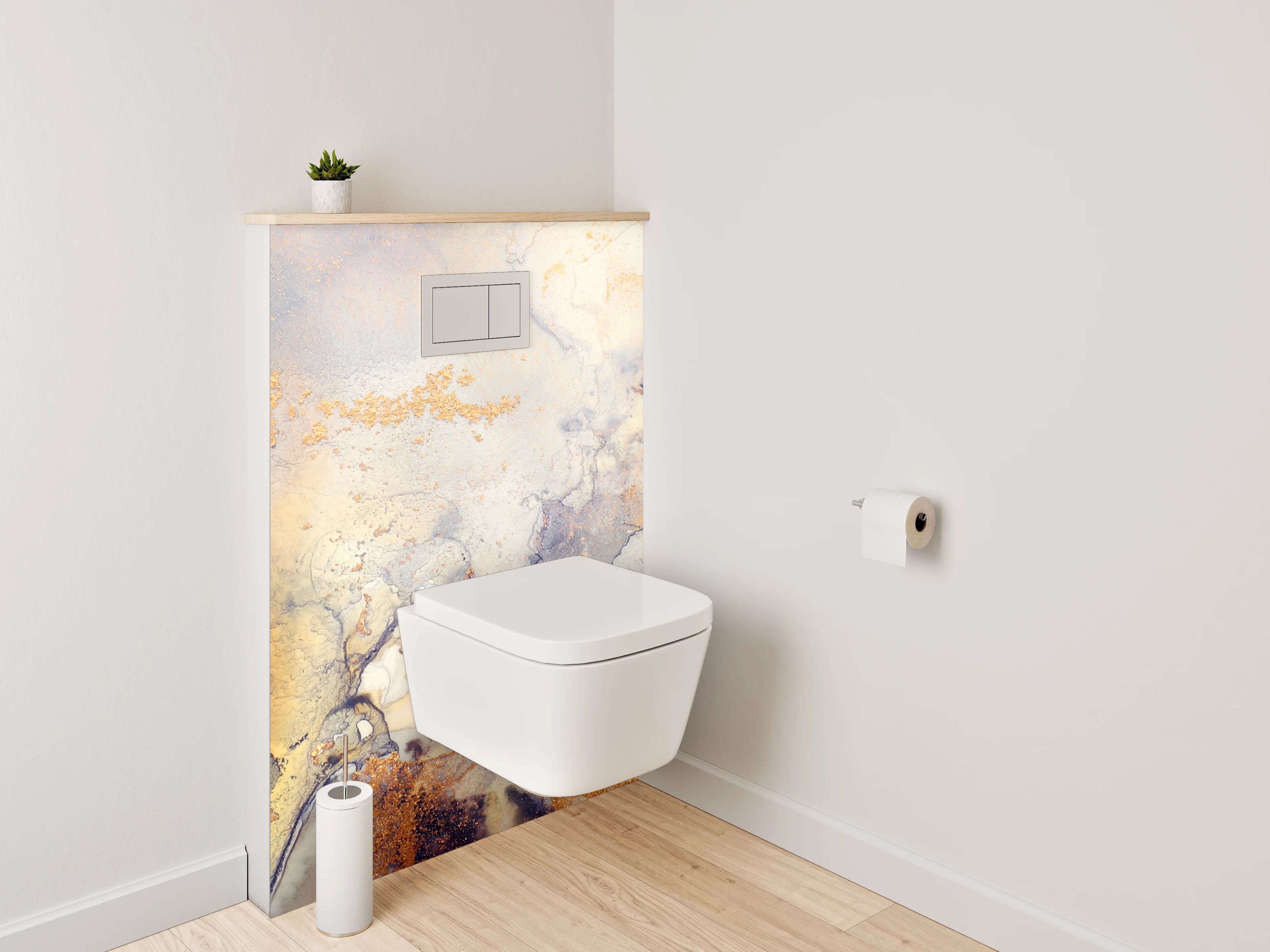 WC-Rückwand - Abstrakte Marmoroptik mit goldenen Akzenten