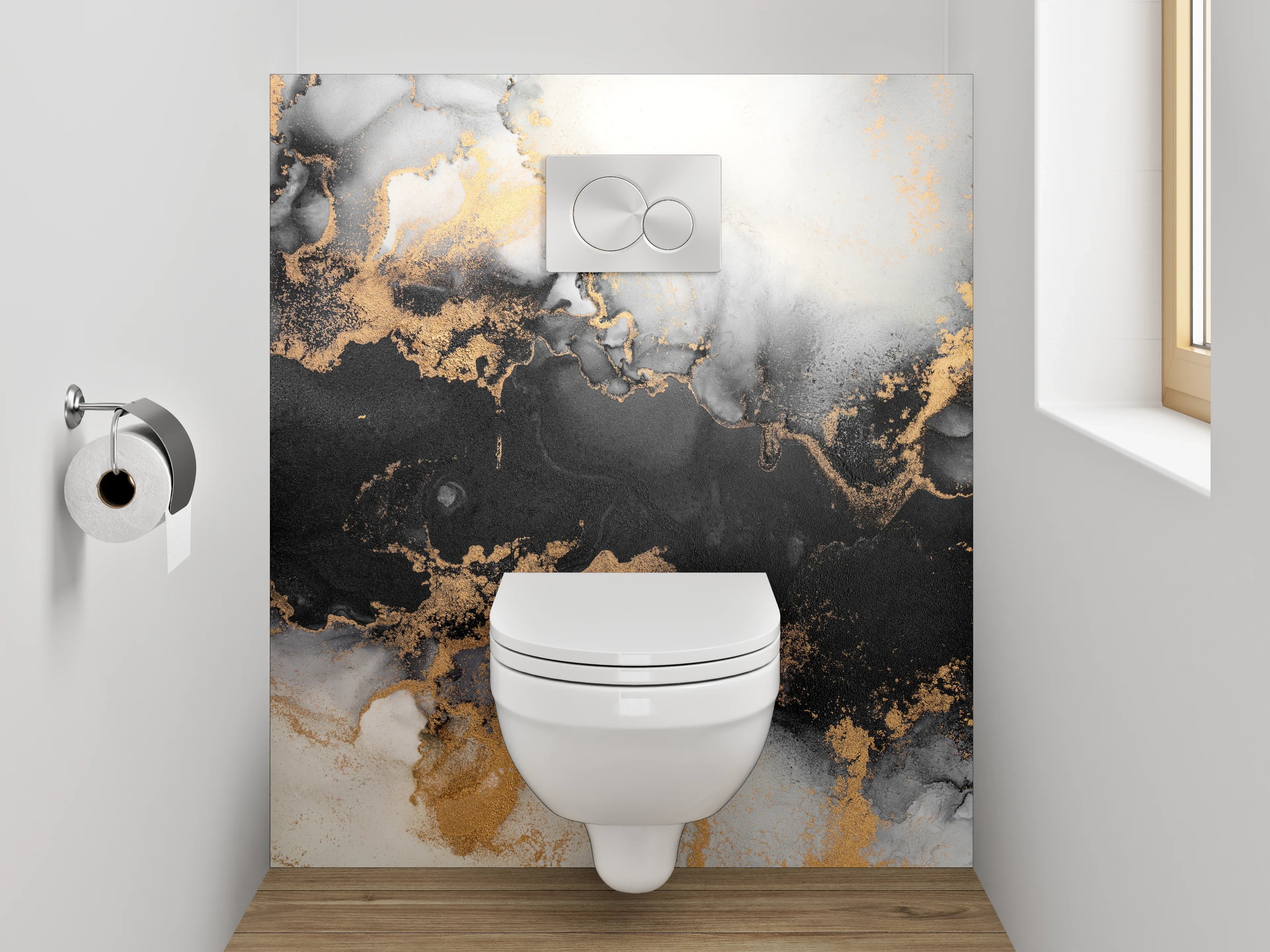 WC-Rückwand - Abstrakte Marmorstruktur in Gold und Schwarz
